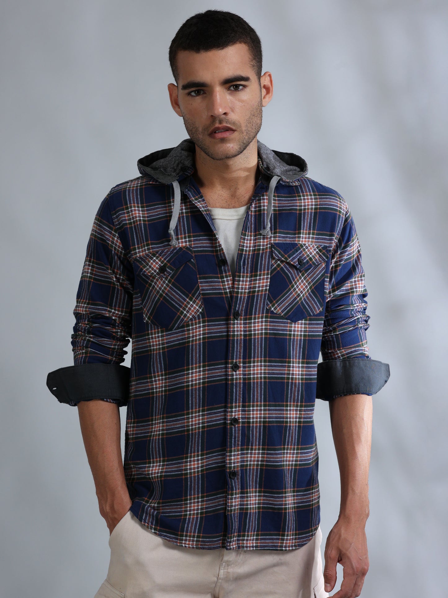 Freetown Navy Check Hoodie Shirt