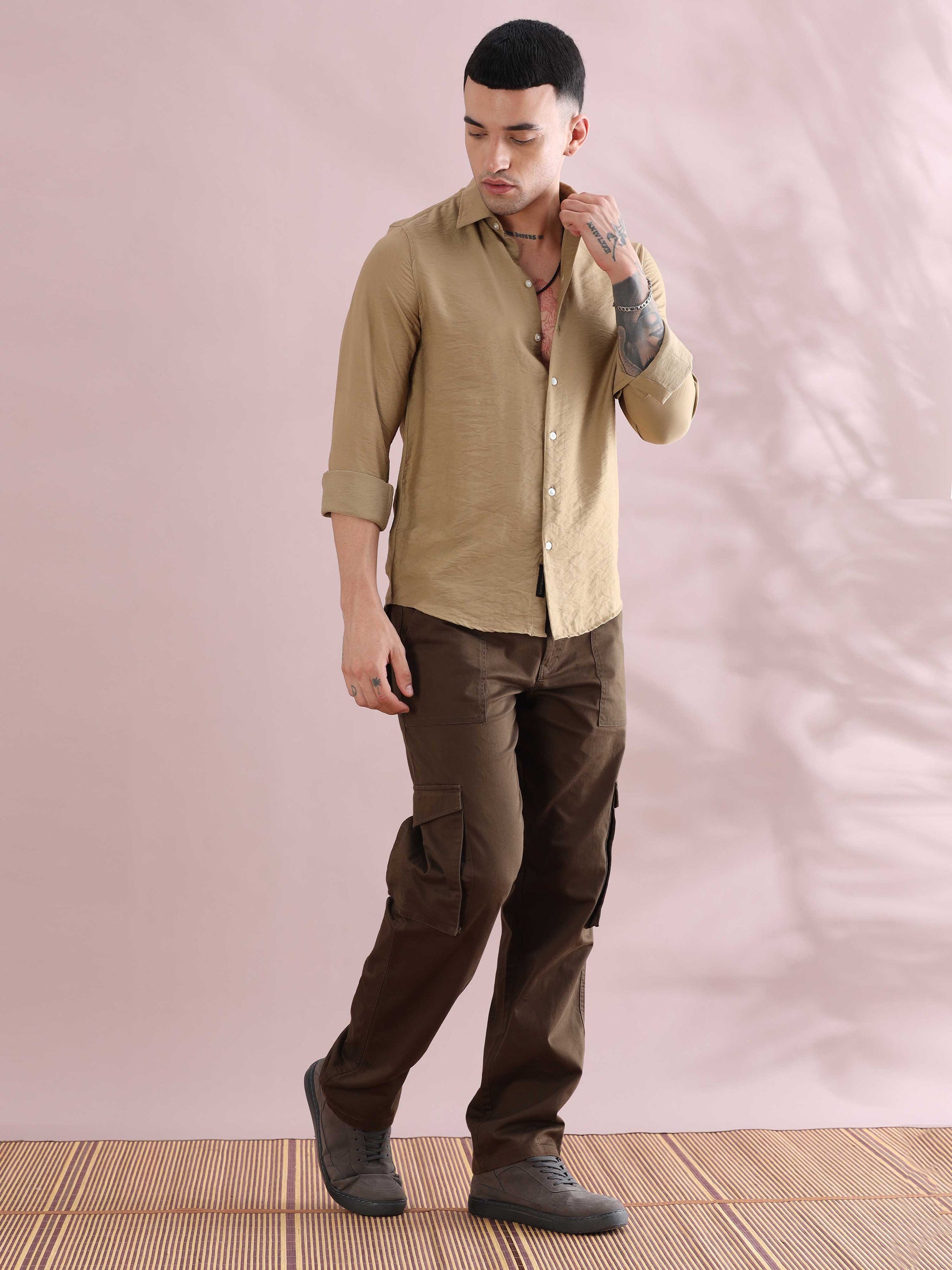 Khaki Solid Shirts Mens