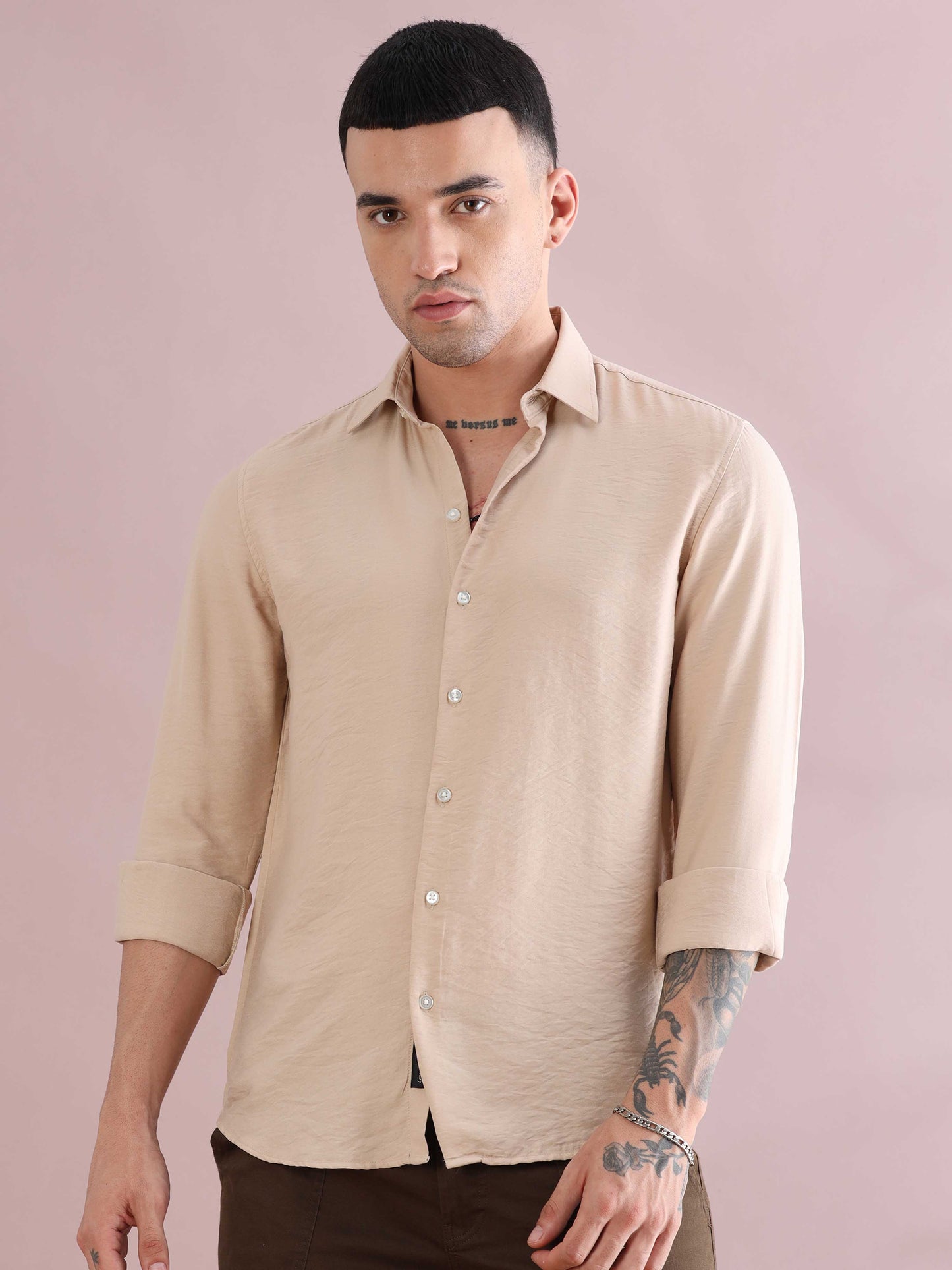 Cream Imported Solid Color Shirts Men