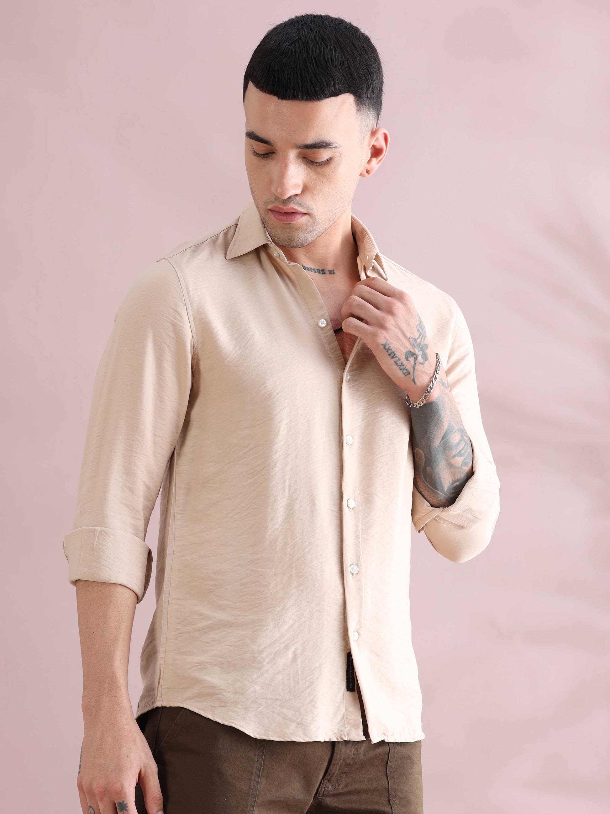 Cream Imported Solid Color Shirts Men