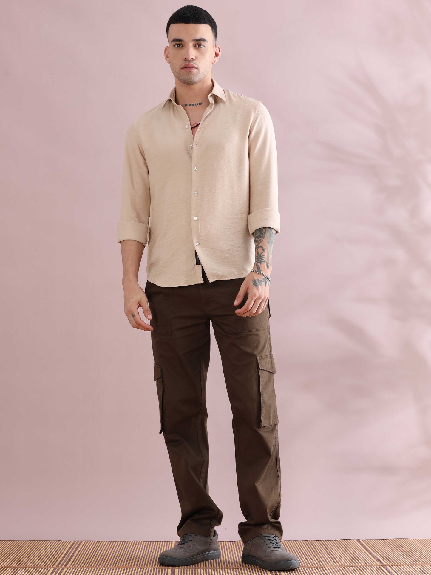 Cream Imported Solid Color Shirts Men