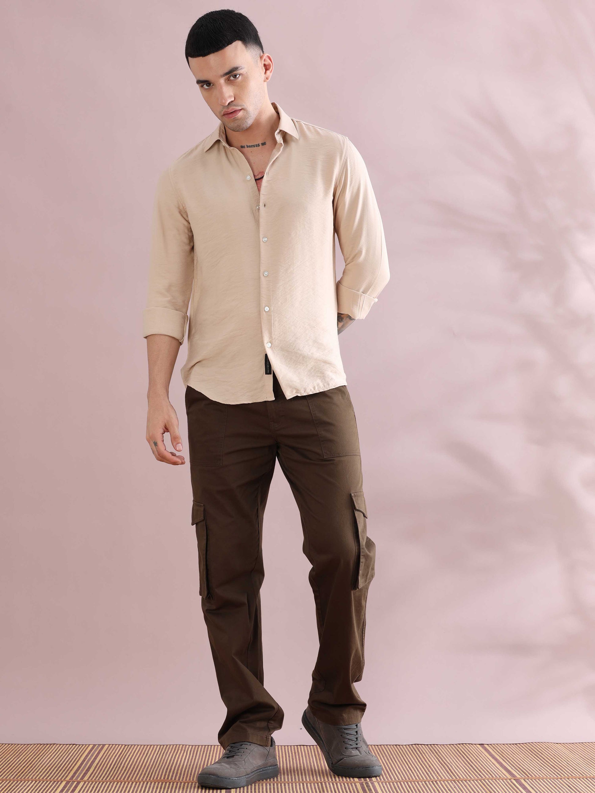 Cream Imported Solid Color Shirts Men