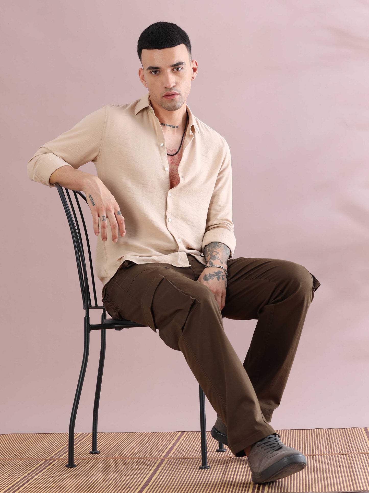 Cream Imported Solid Color Shirts Men