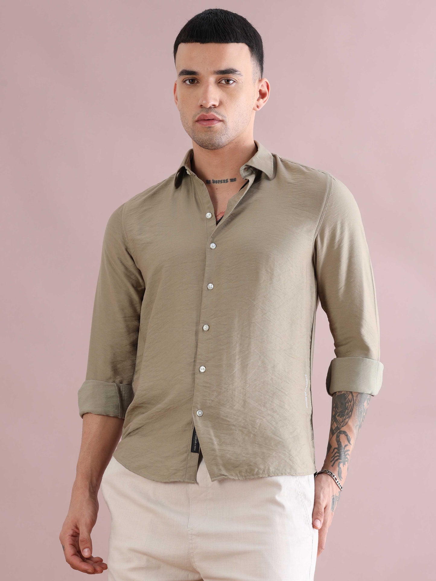 Green Imported Regular Fit Crush Solid Shirt