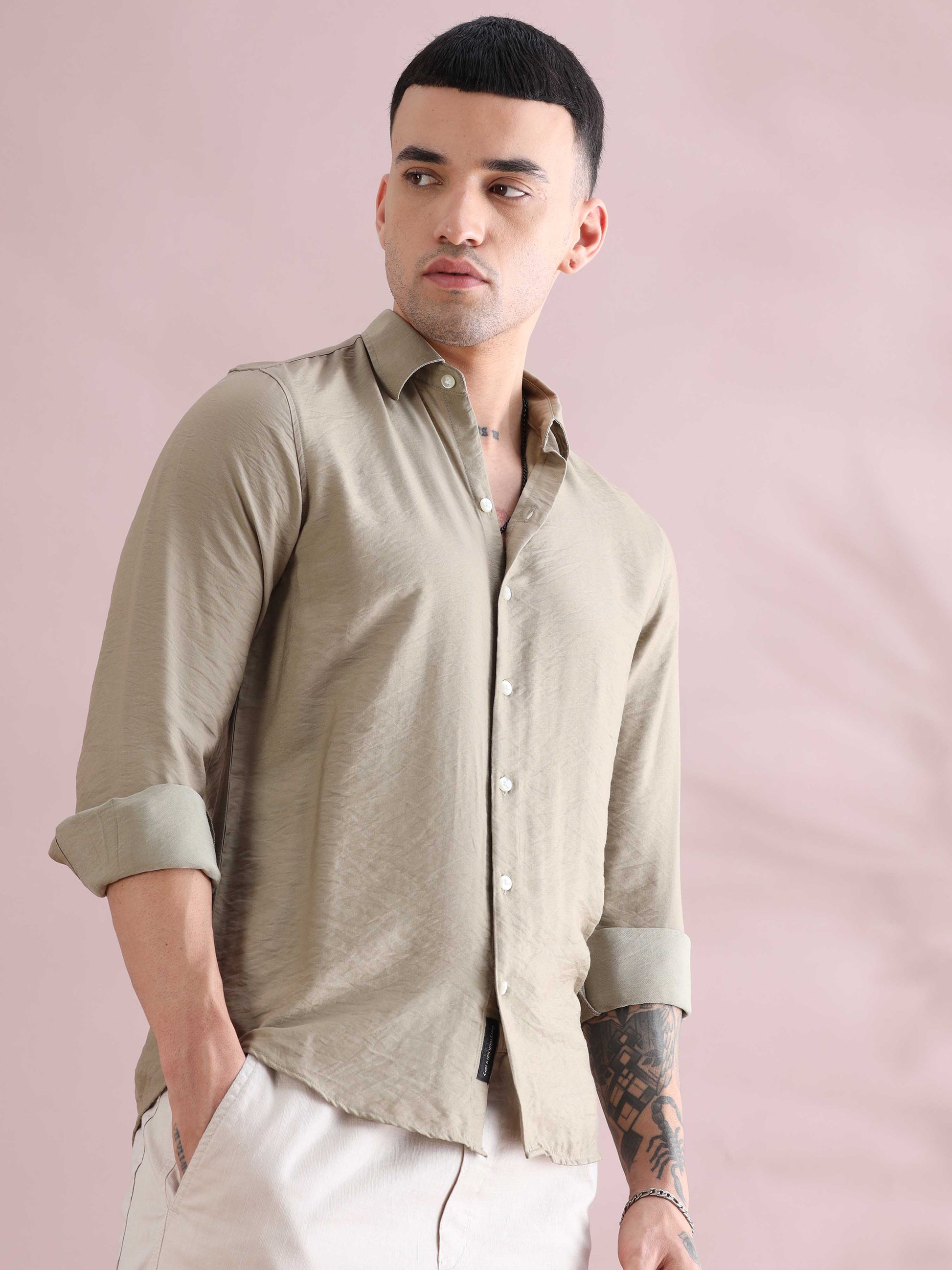 Green Imported Regular Fit Crush Solid Shirt