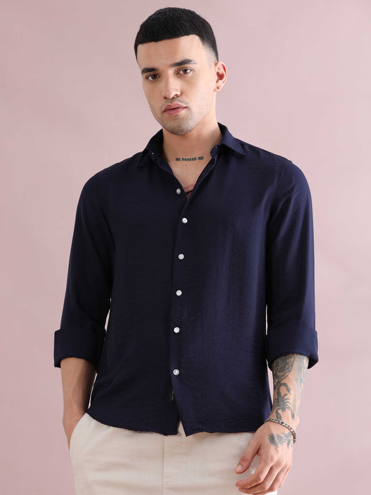 Navy Blue Solid Long Sleeve Crush Shirt