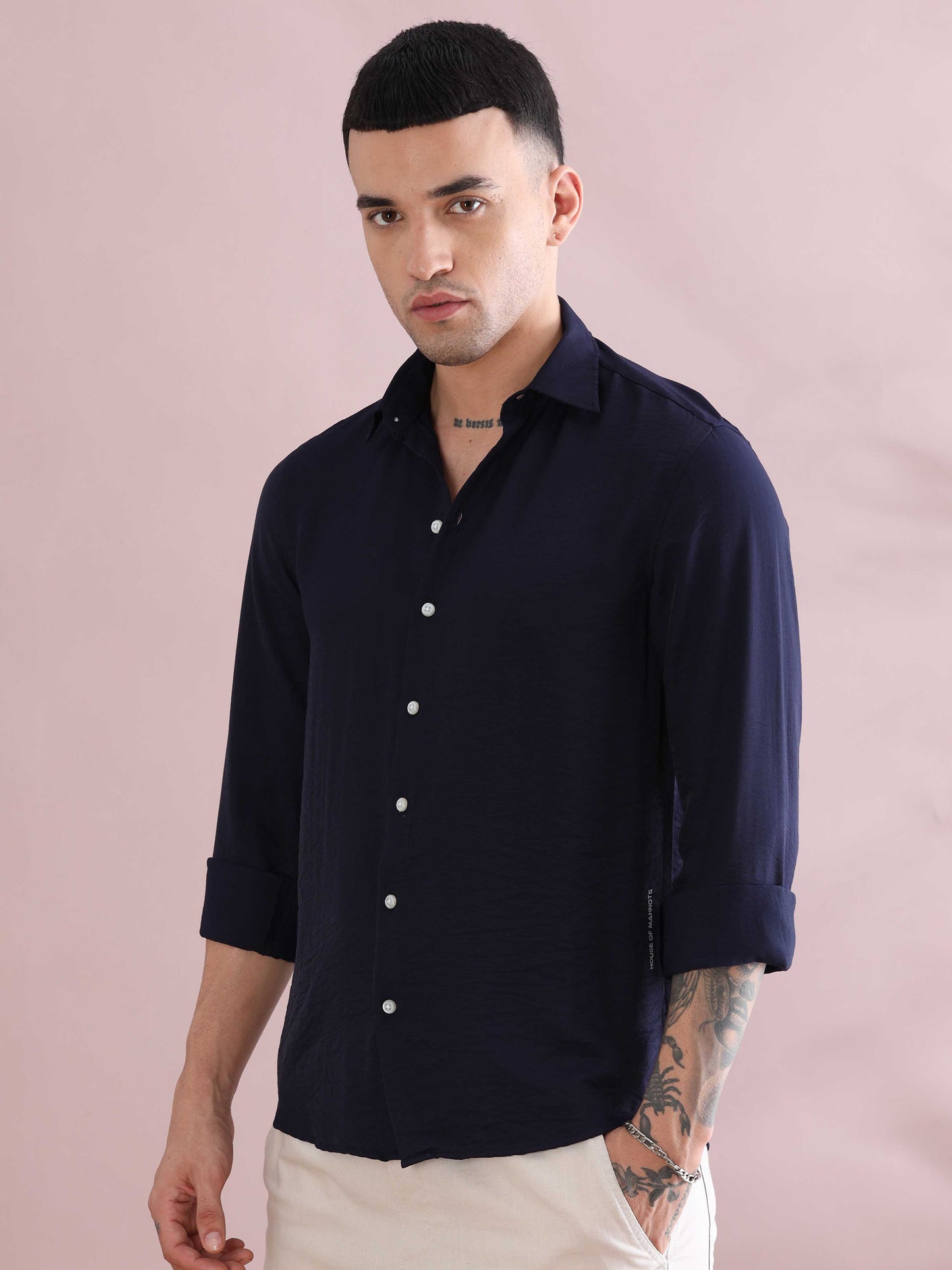 Navy Blue Solid Long Sleeve Crush Shirt