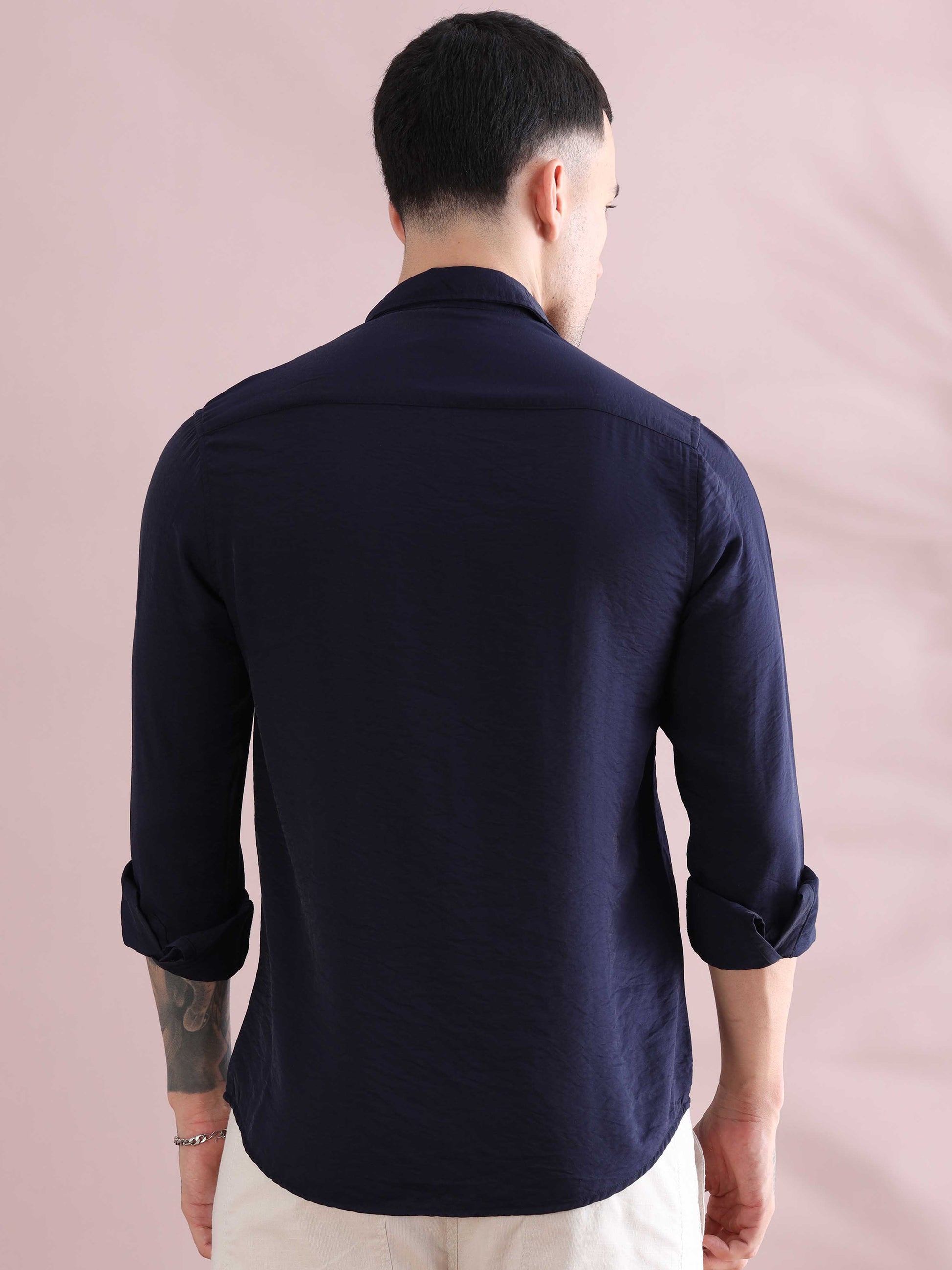 Navy Blue Solid Long Sleeve Crush Shirt