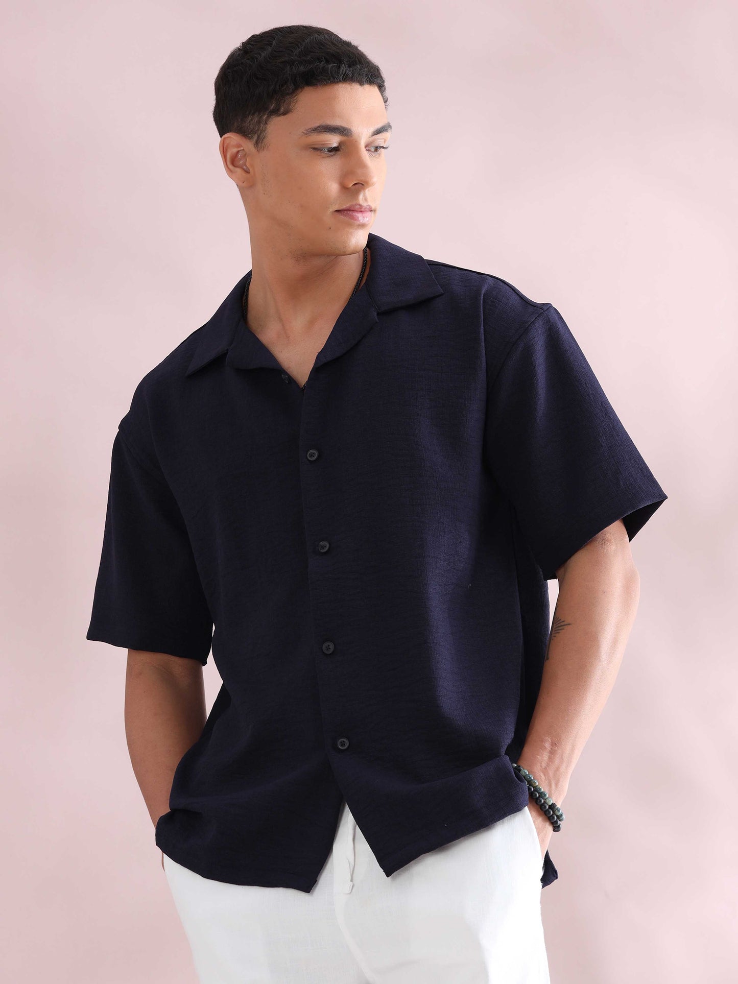 Eton Navy Cuban Collar Shirt