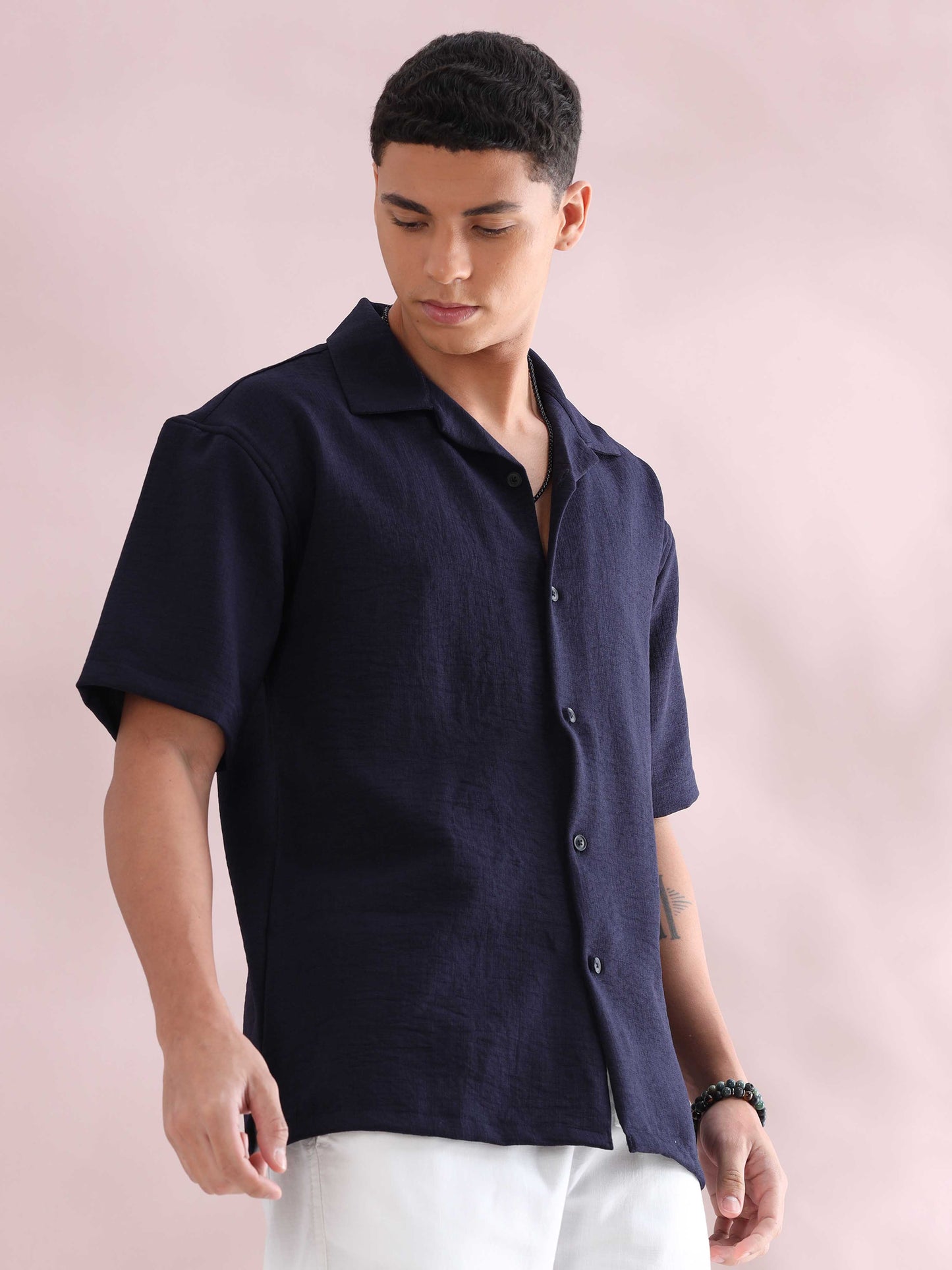 Eton Navy Cuban Collar Shirt