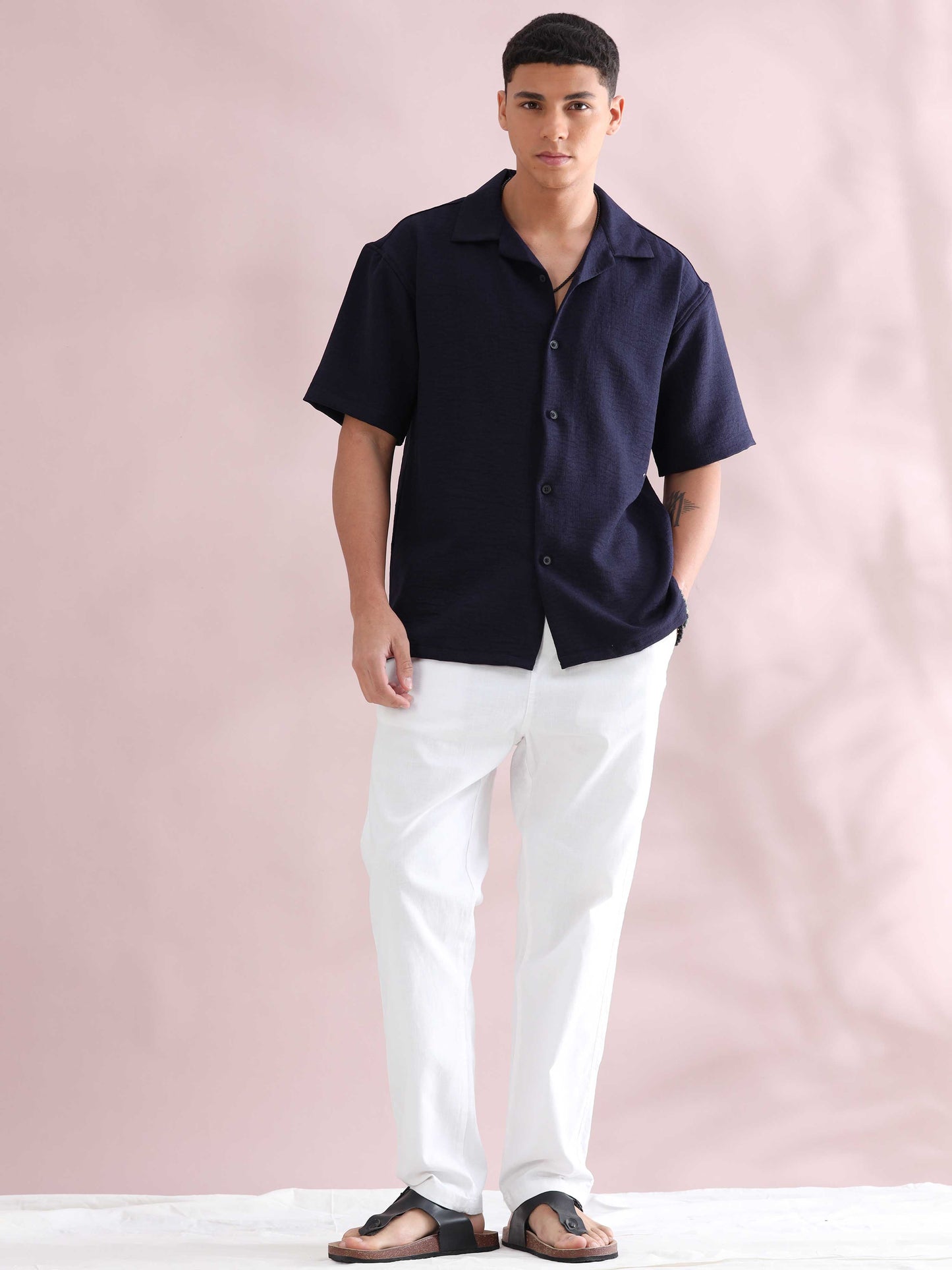 Eton Navy Cuban Collar Shirt