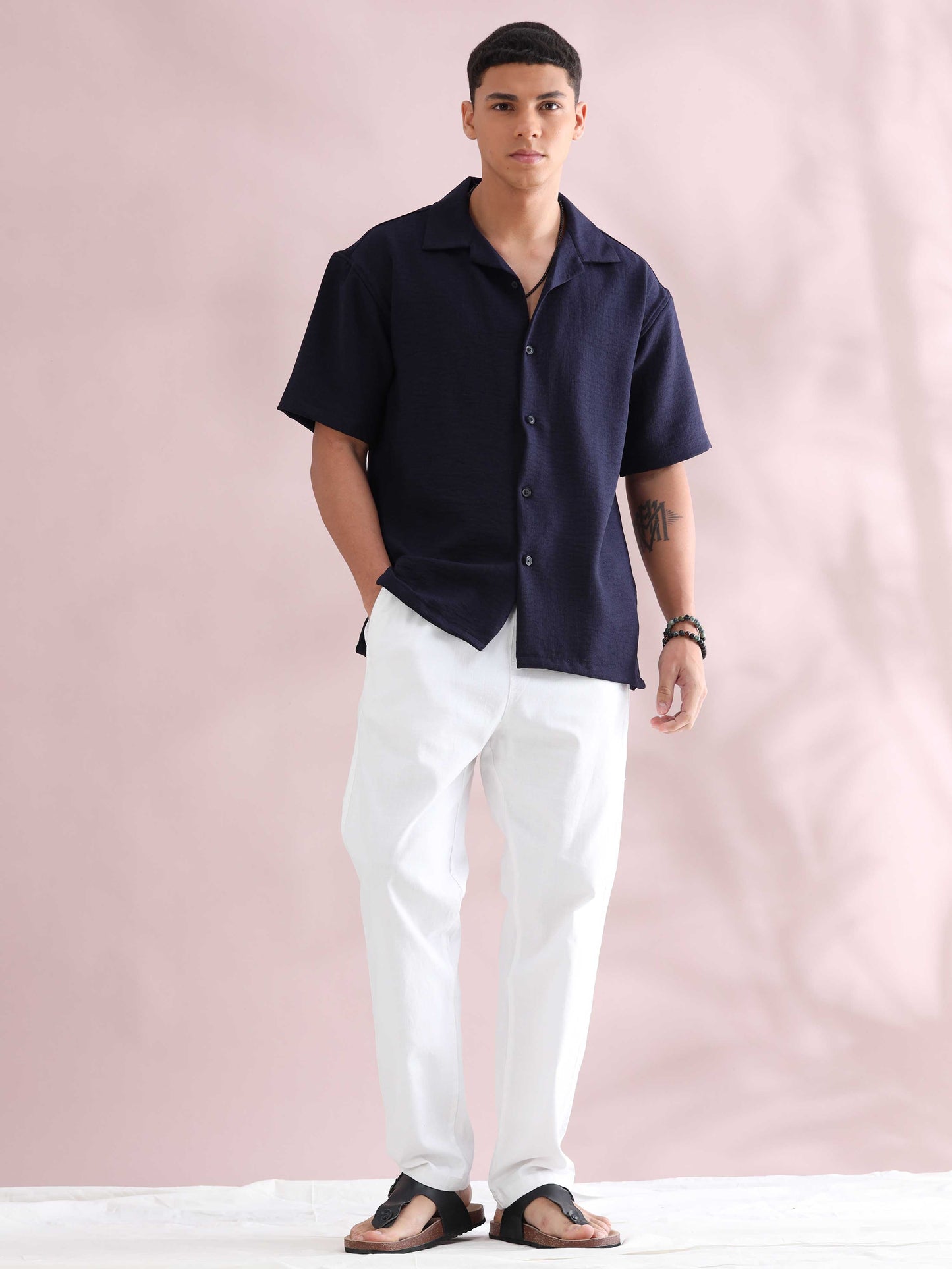 Eton Navy Cuban Collar Shirt