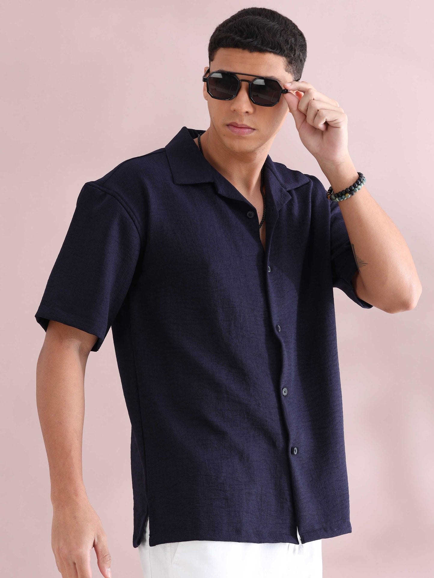 Eton Navy Cuban Collar Shirt