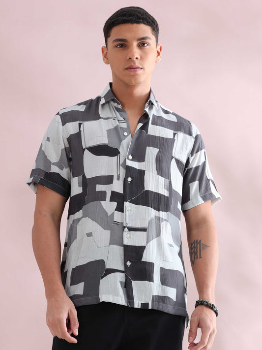 Helela Grey Blocks Digital Print Shirt