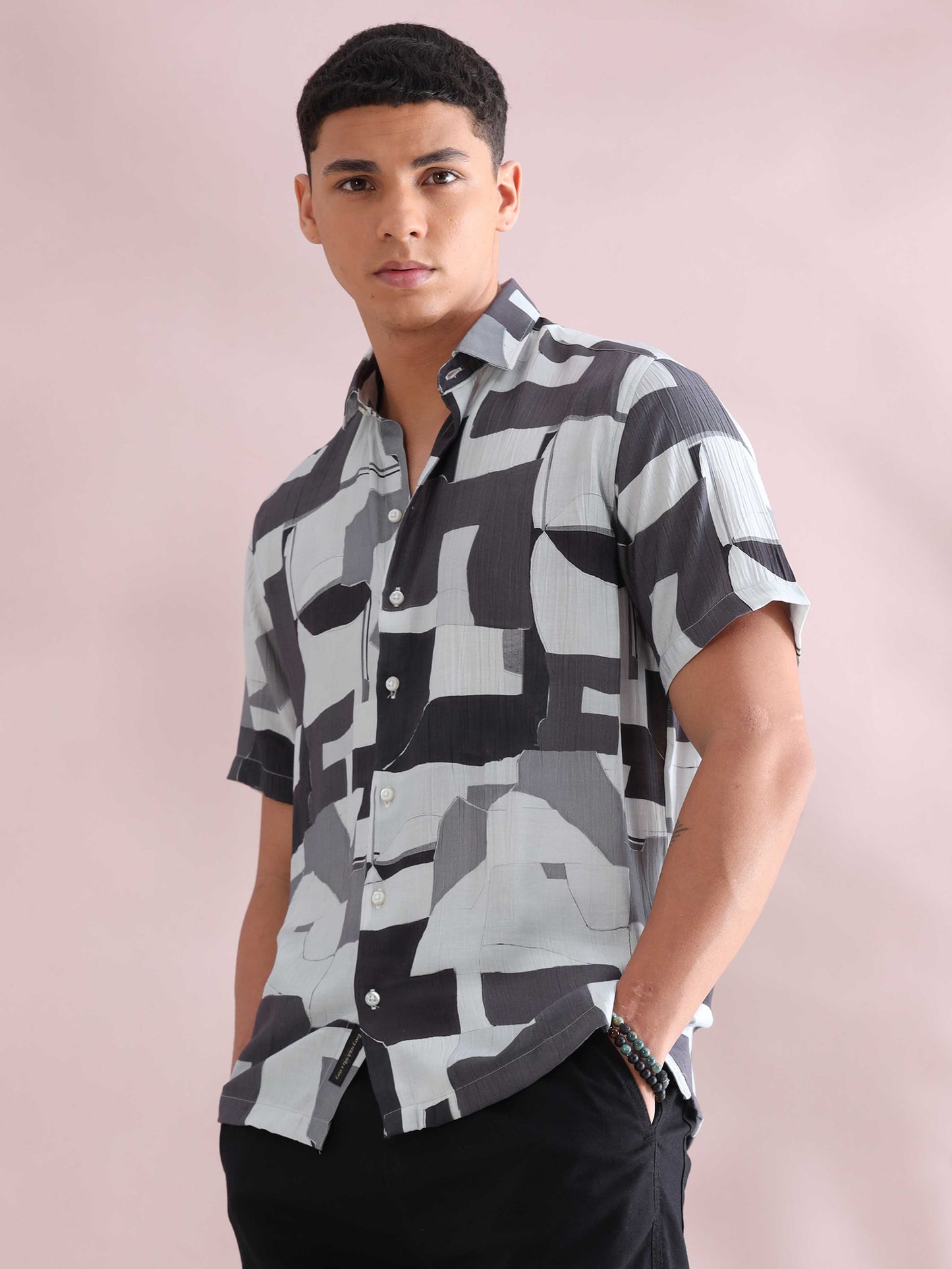 Helela Grey Blocks Digital Print Shirt