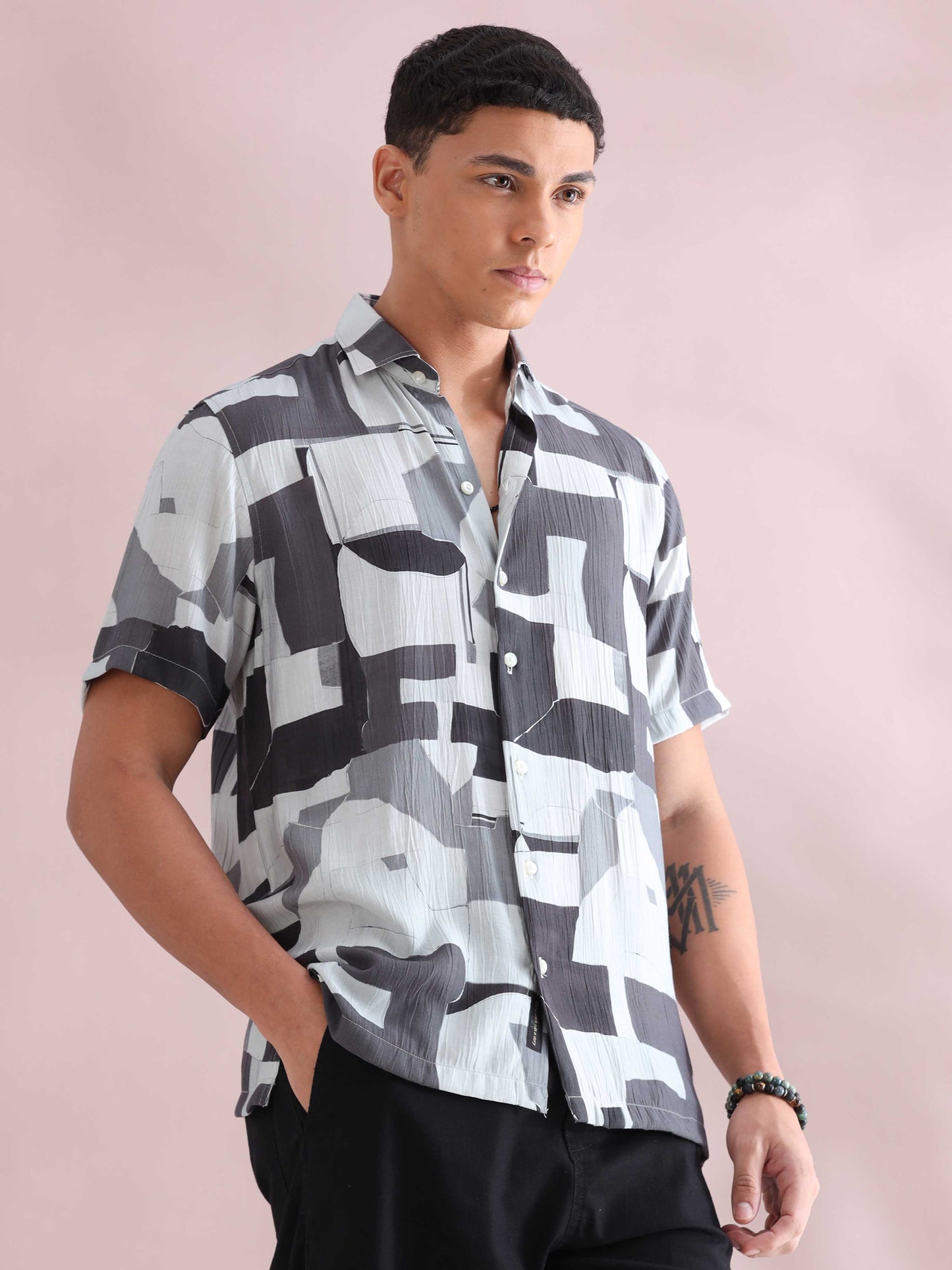 Helela Grey Blocks Digital Print Shirt