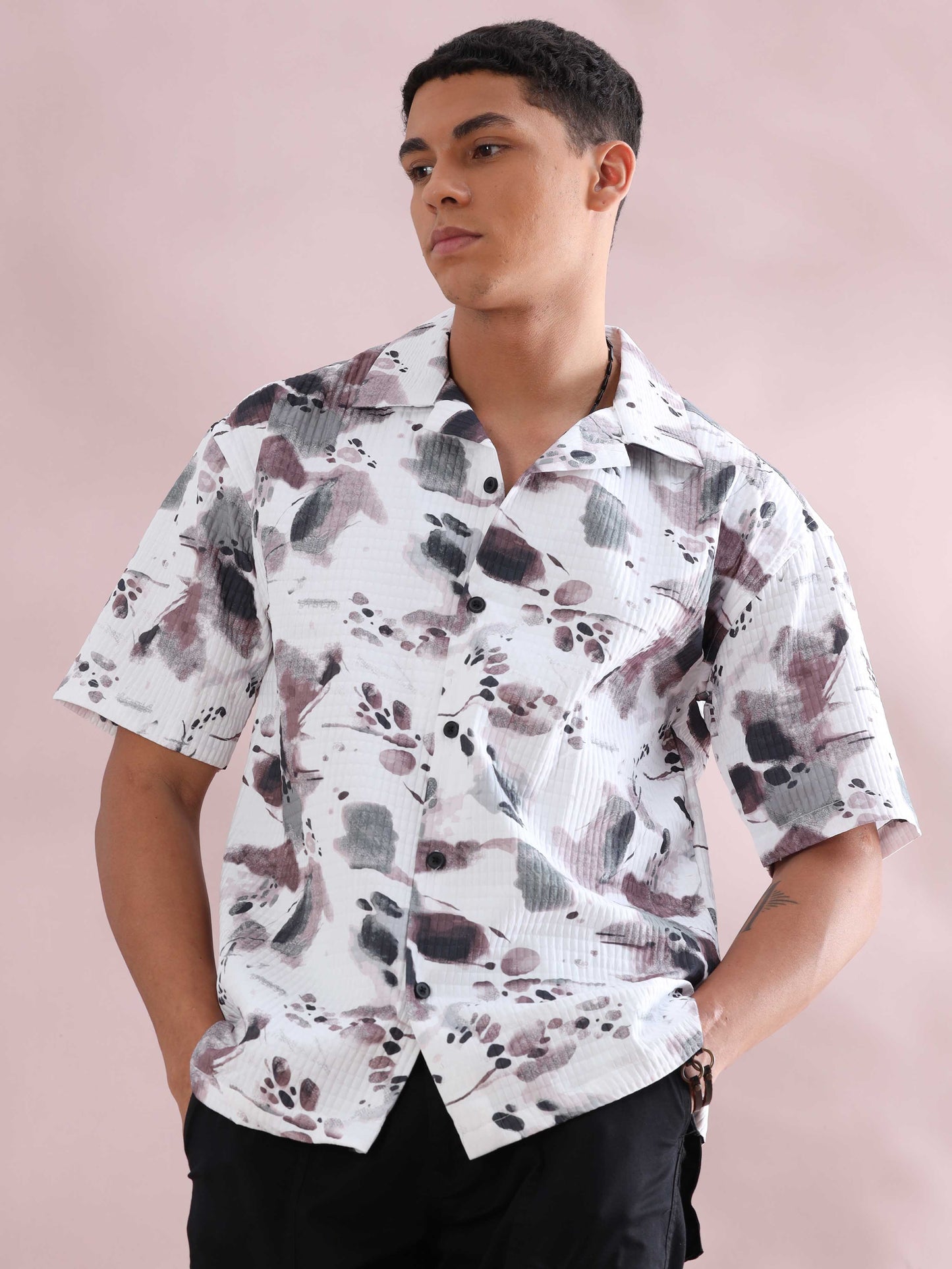 Bangkok Purple Color Splash Cuban Collar Shirt