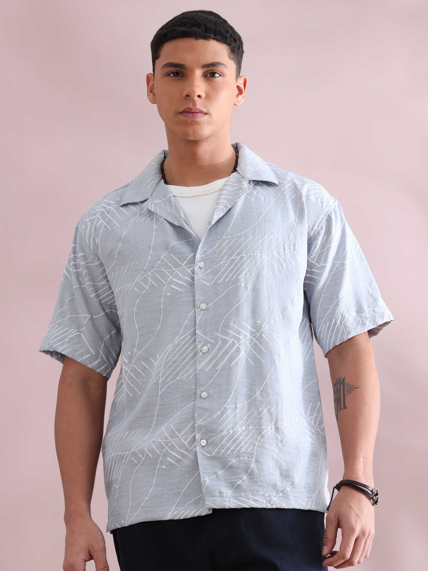 Glasgow Blue Line Art Design Cuban Collar Shirt