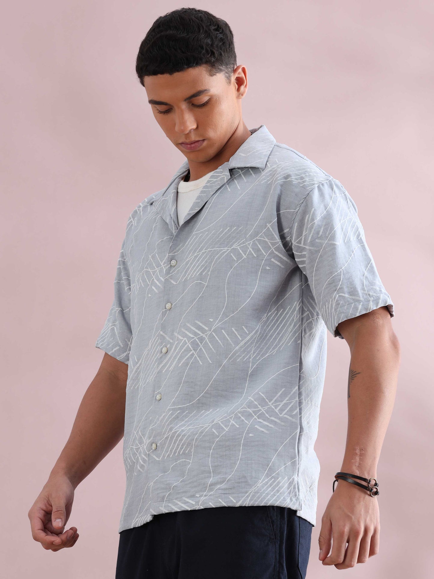 Glasgow Blue Line Art Design Cuban Collar Shirt