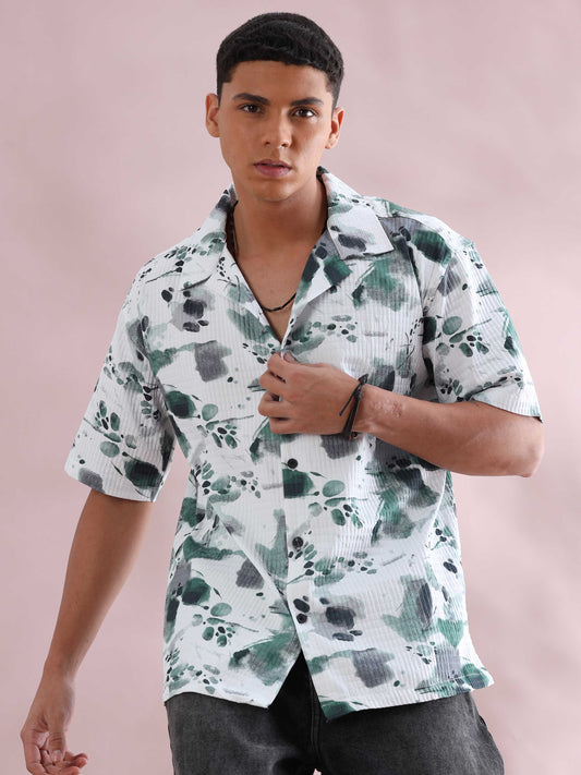 Bangkok Green Color Splash Cuban Collar Shirt