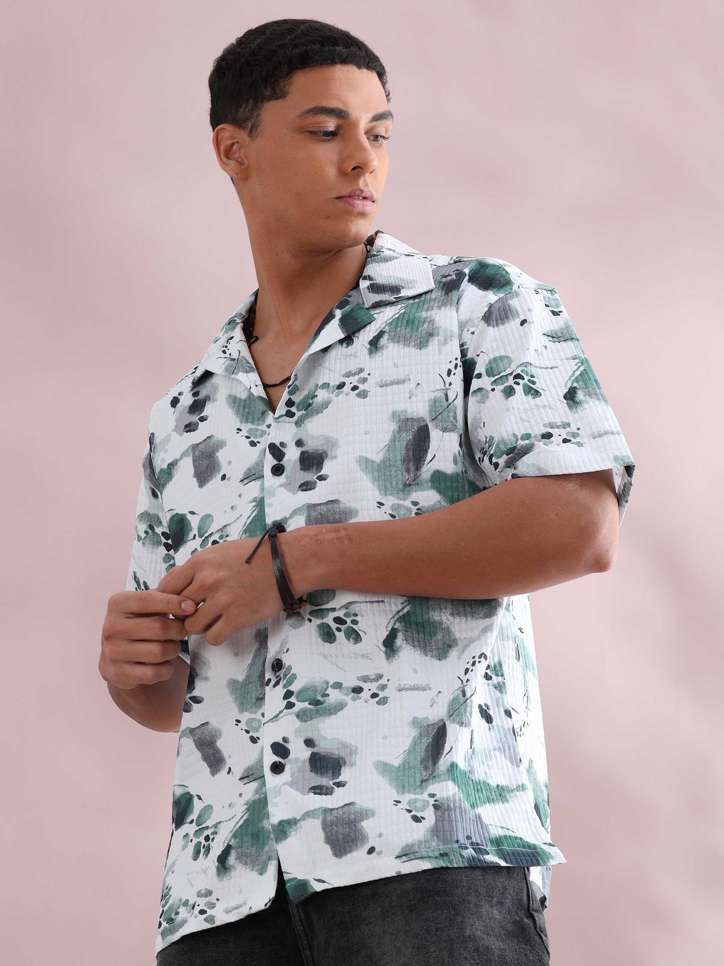 Bangkok Green Color Splash Cuban Collar Shirt