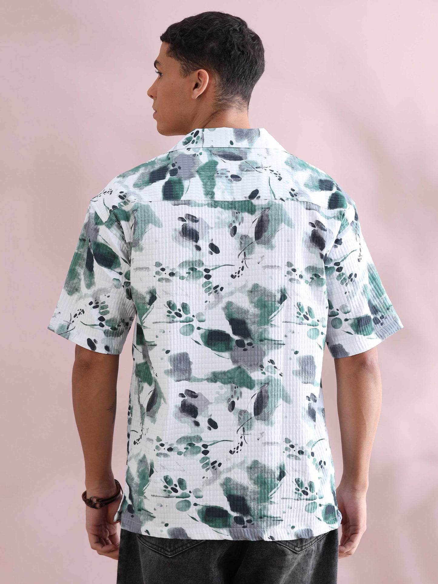 Bangkok Green Color Splash Cuban Collar Shirt