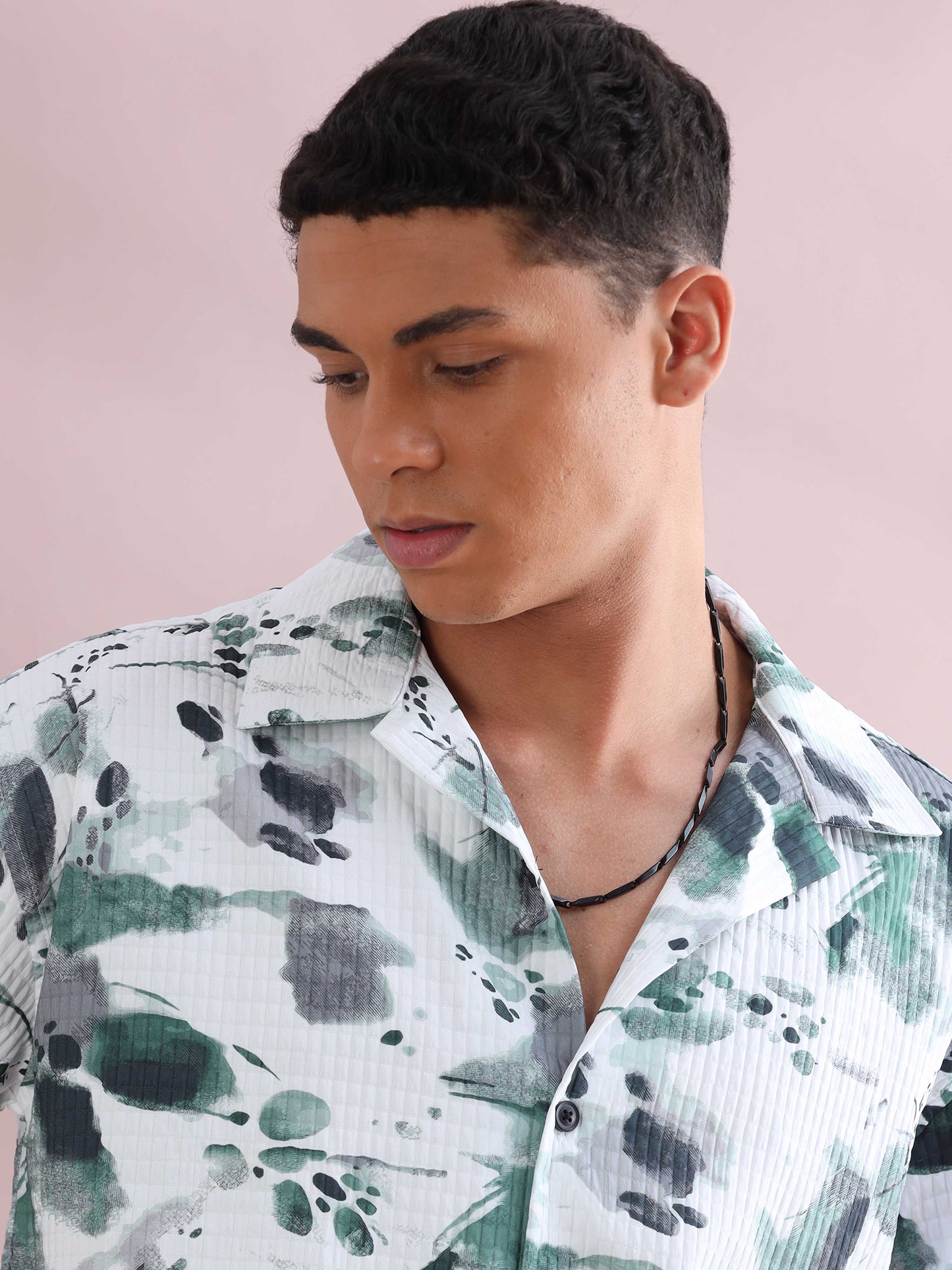 Bangkok Green Color Splash Cuban Collar Shirt