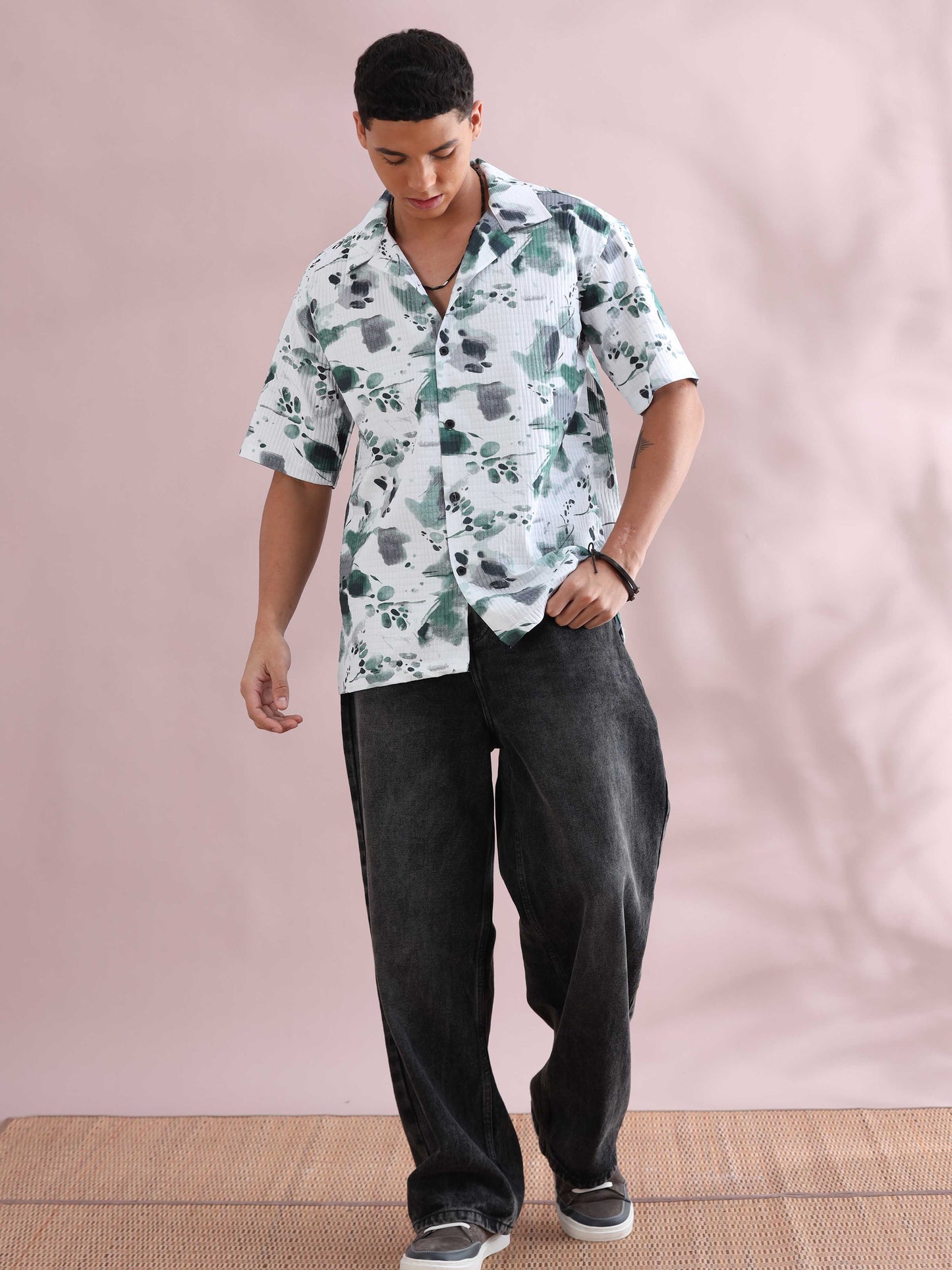 Bangkok Green Color Splash Cuban Collar Shirt