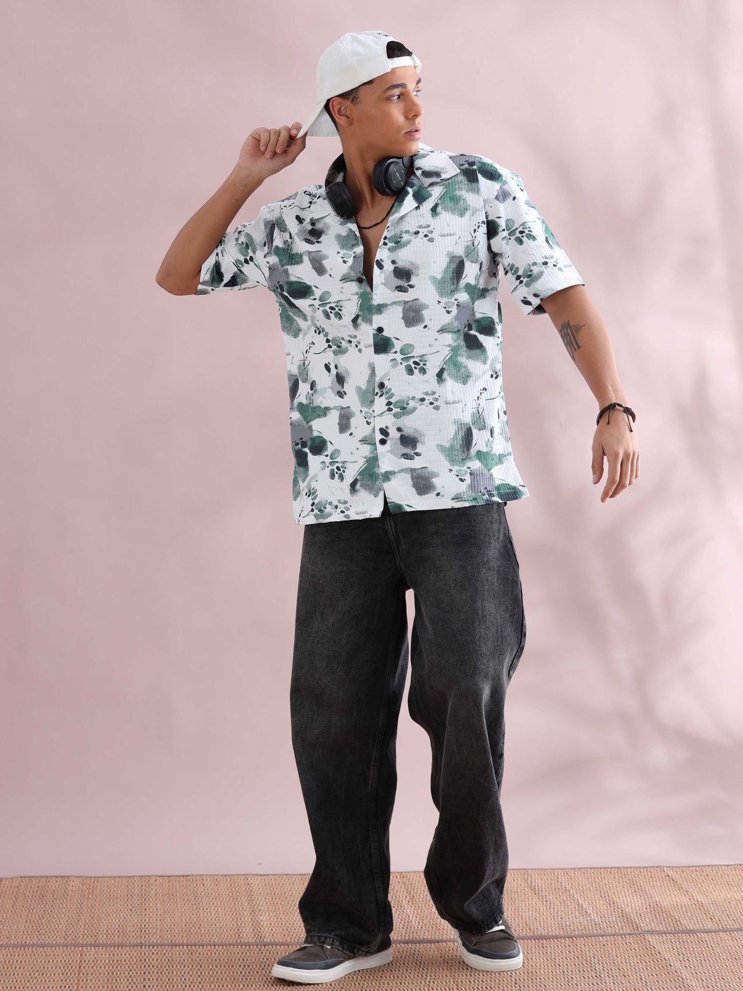 Bangkok Green Color Splash Cuban Collar Shirt