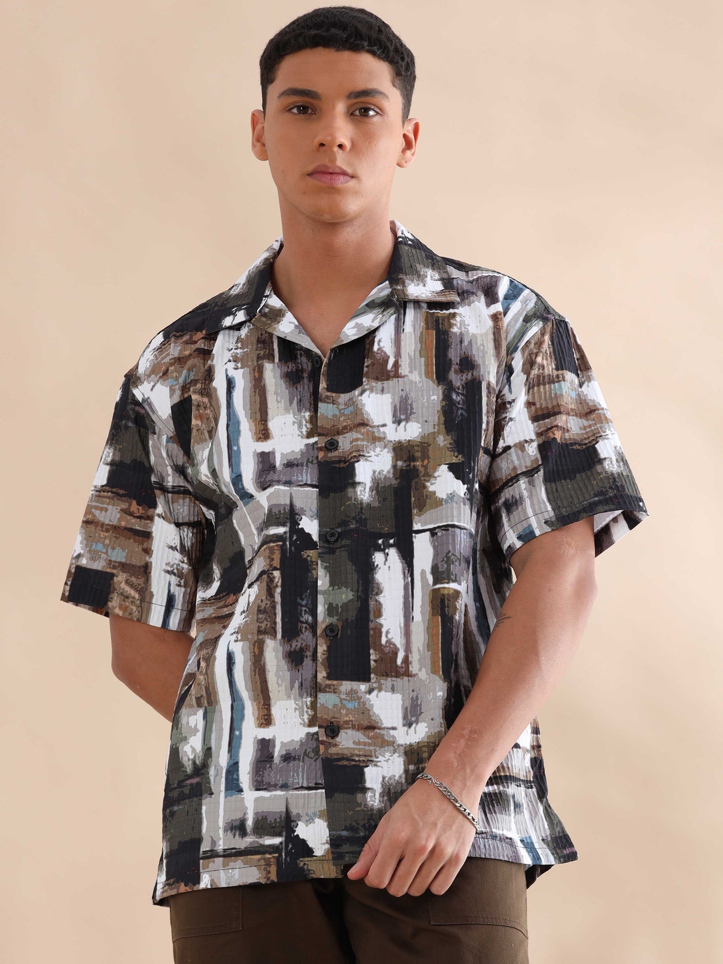 Bangkok Abstract Brown Digital Print Cuban Collar Shirt