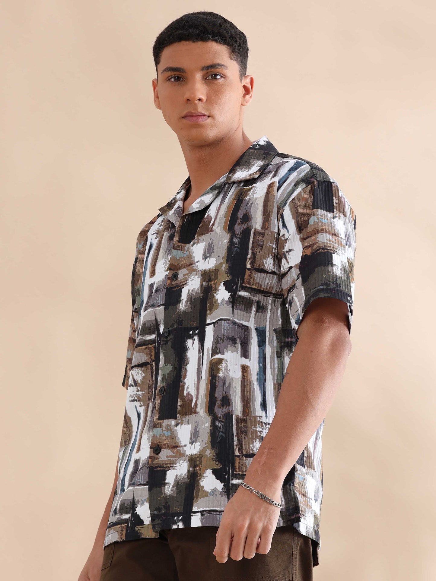 Bangkok Abstract Brown Digital Print Cuban Collar Shirt