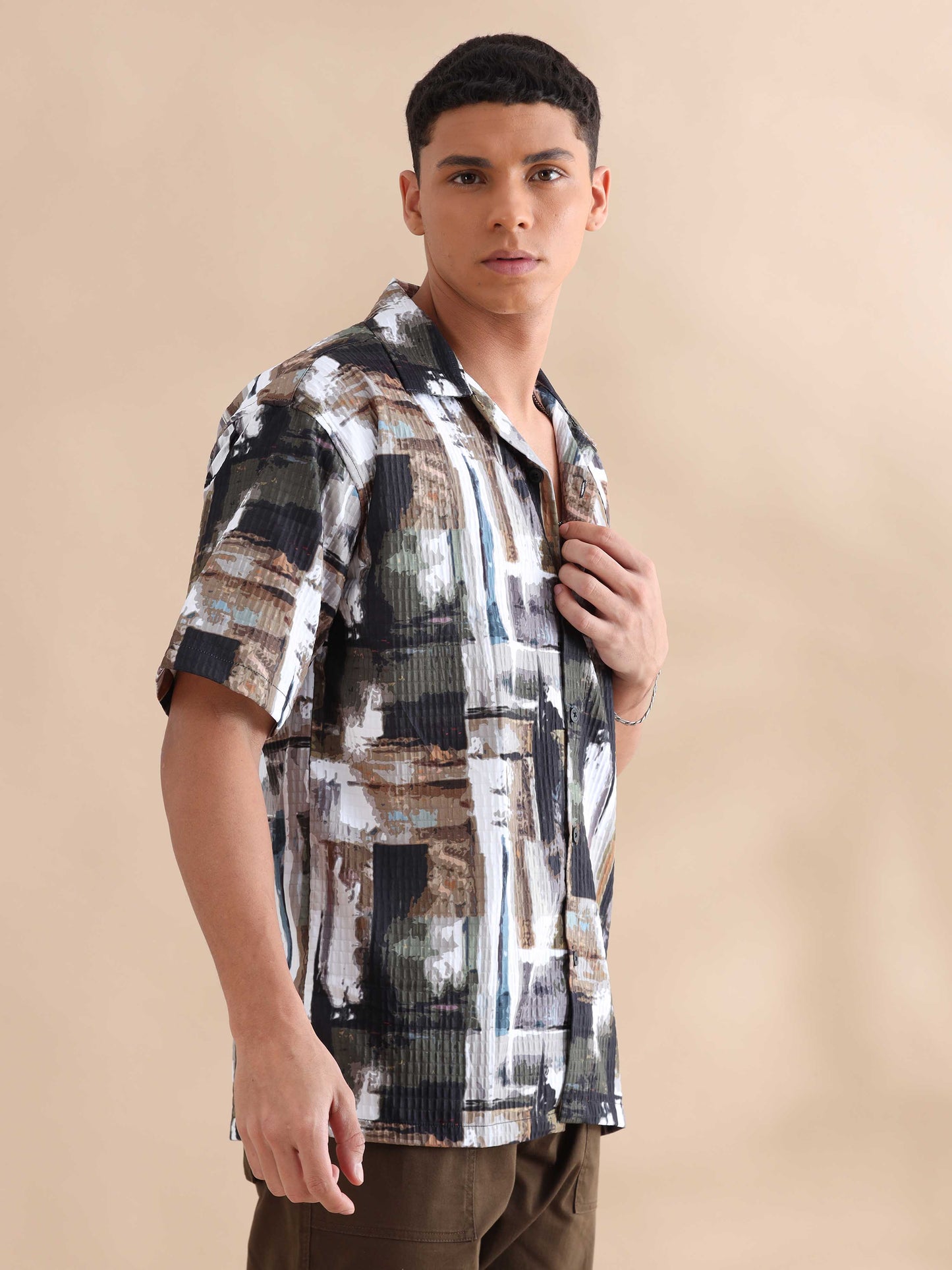 Bangkok Abstract Brown Digital Print Cuban Collar Shirt