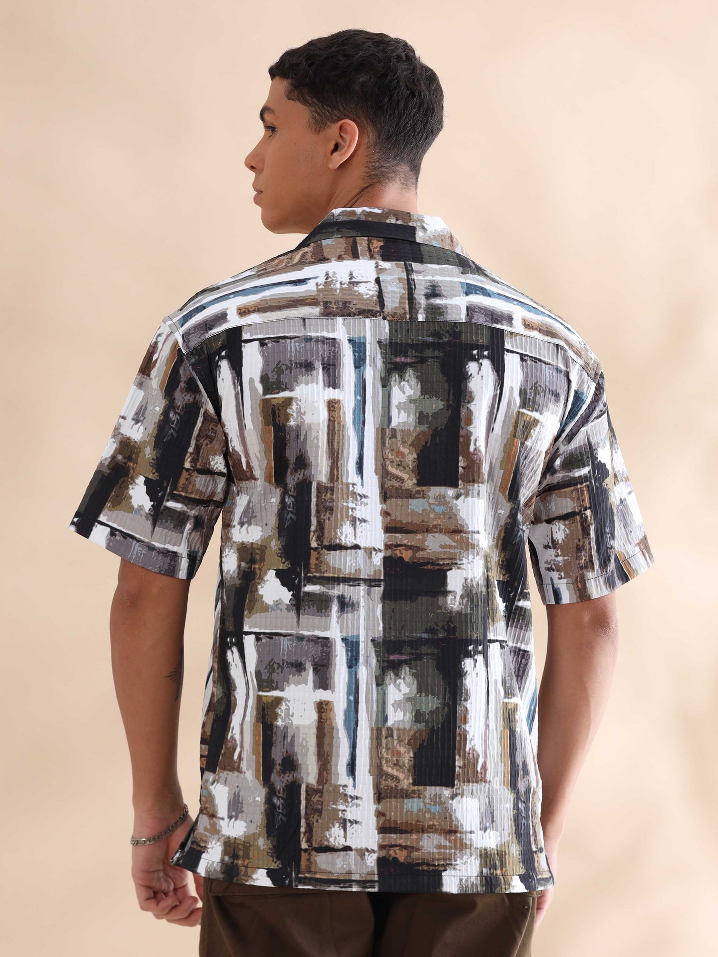 Bangkok Abstract Brown Digital Print Cuban Collar Shirt