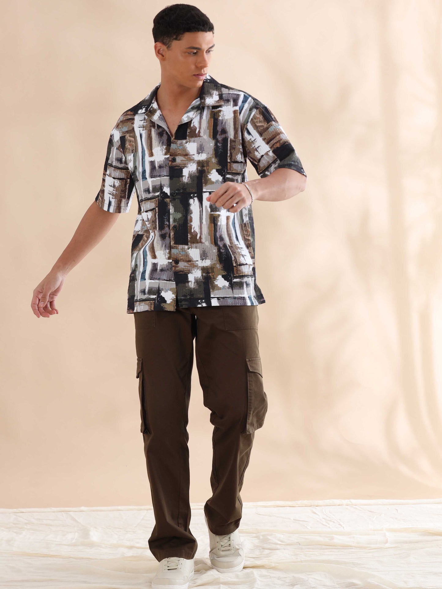 Bangkok Abstract Brown Digital Print Cuban Collar Shirt