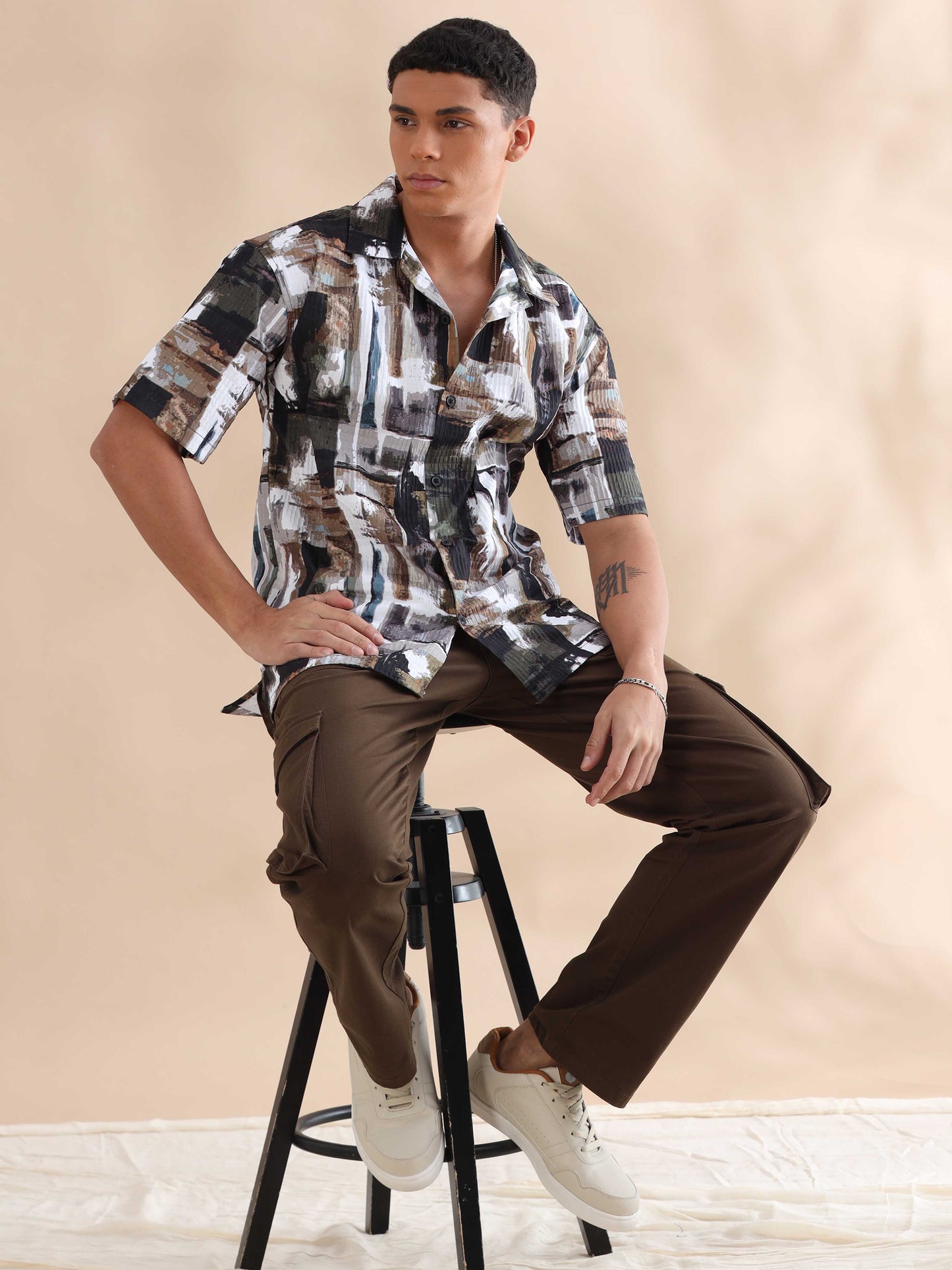 Bangkok Abstract Brown Digital Print Cuban Collar Shirt