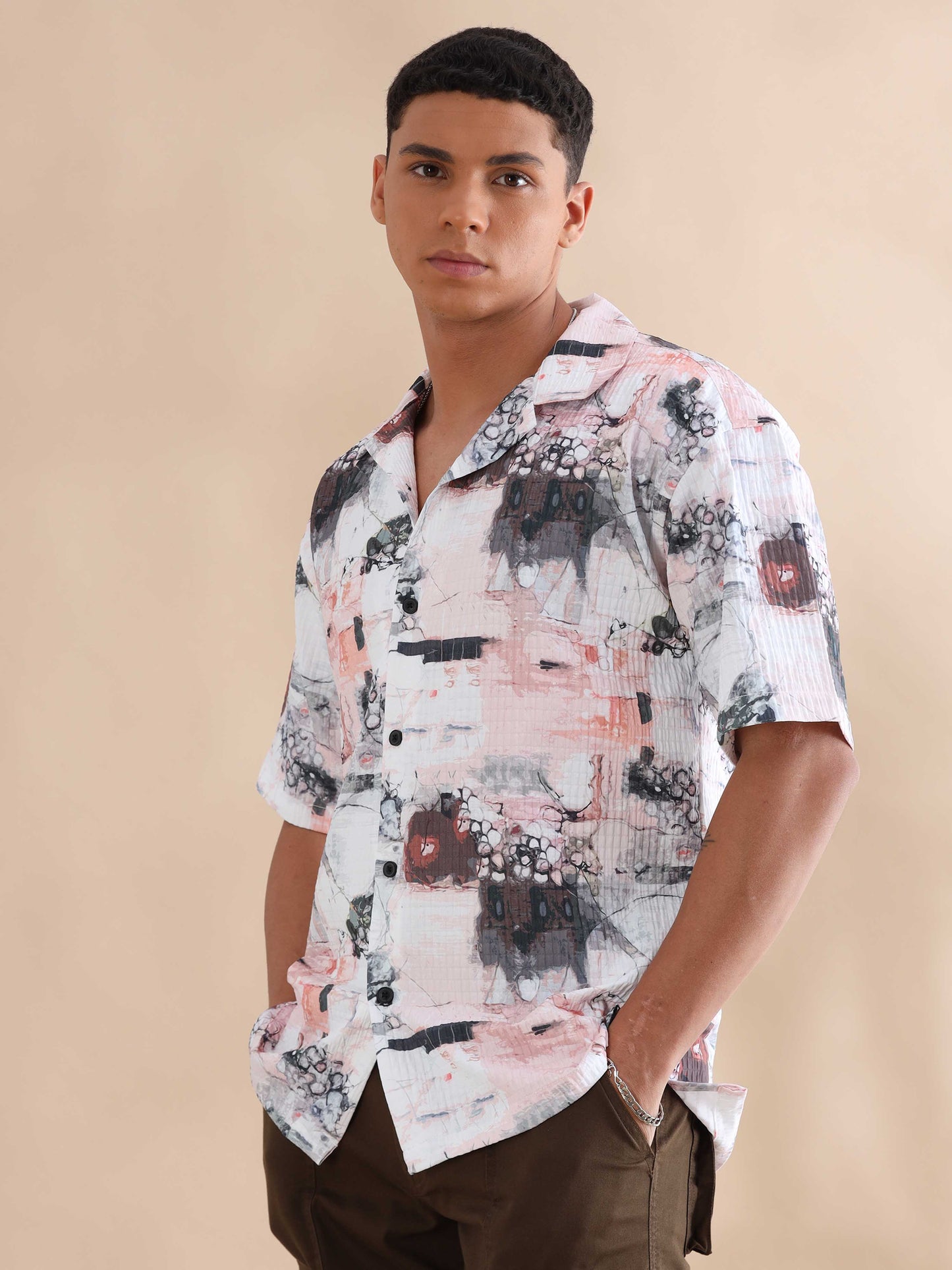 Bangkok Peach Digital Printed Cuban Collar Shirt