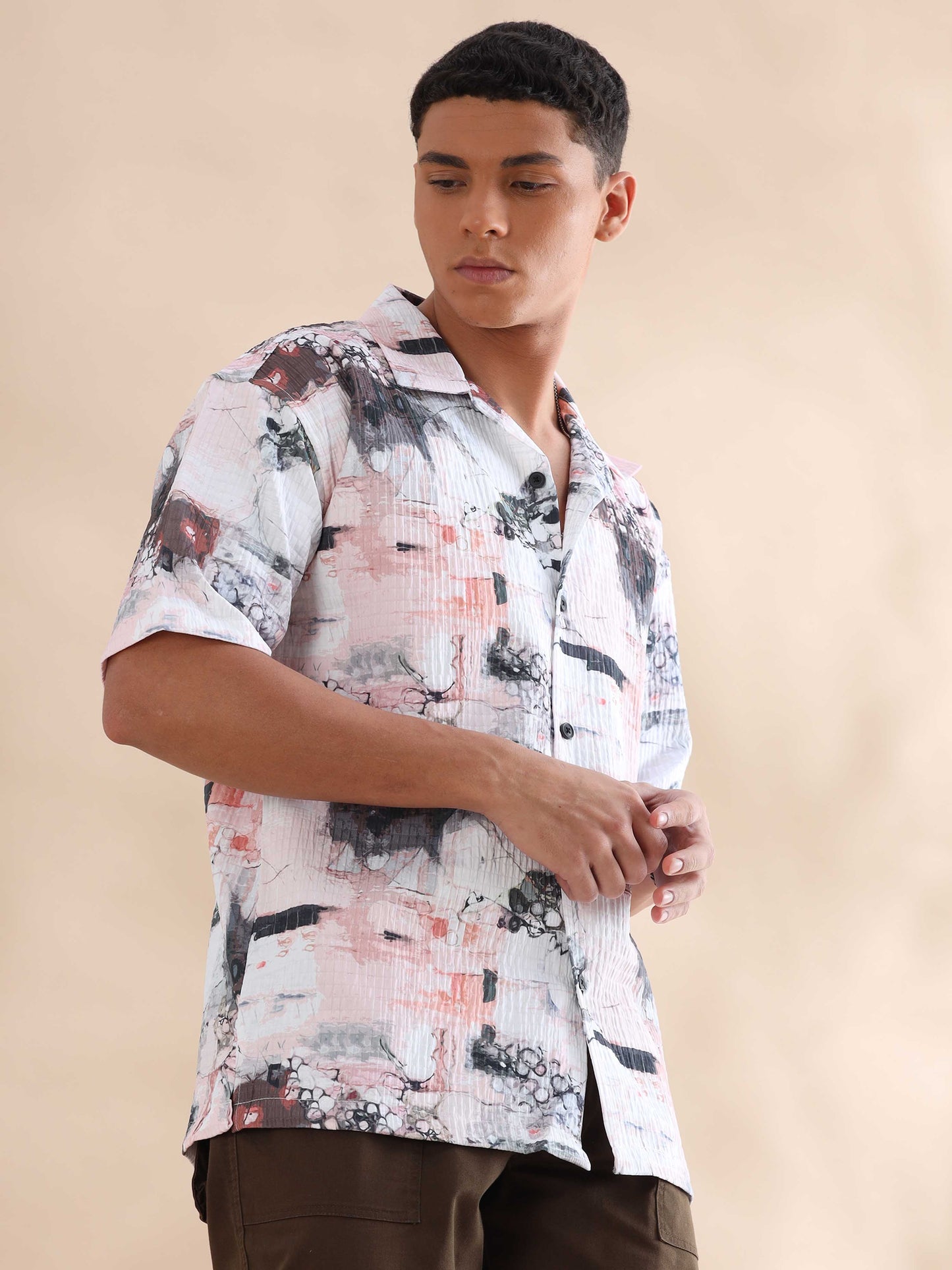 Bangkok Peach Digital Printed Cuban Collar Shirt