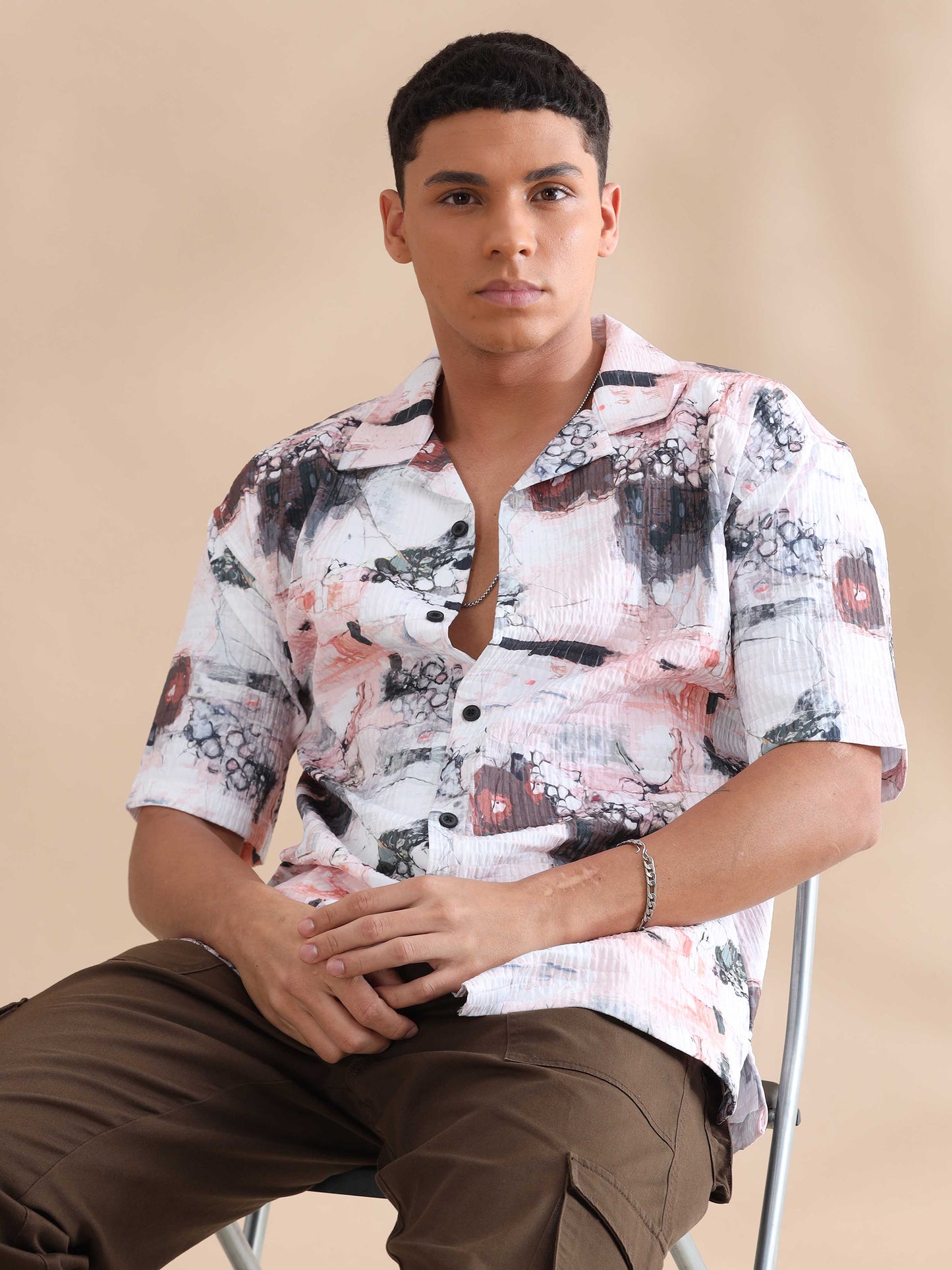 Bangkok Peach Digital Printed Cuban Collar Shirt