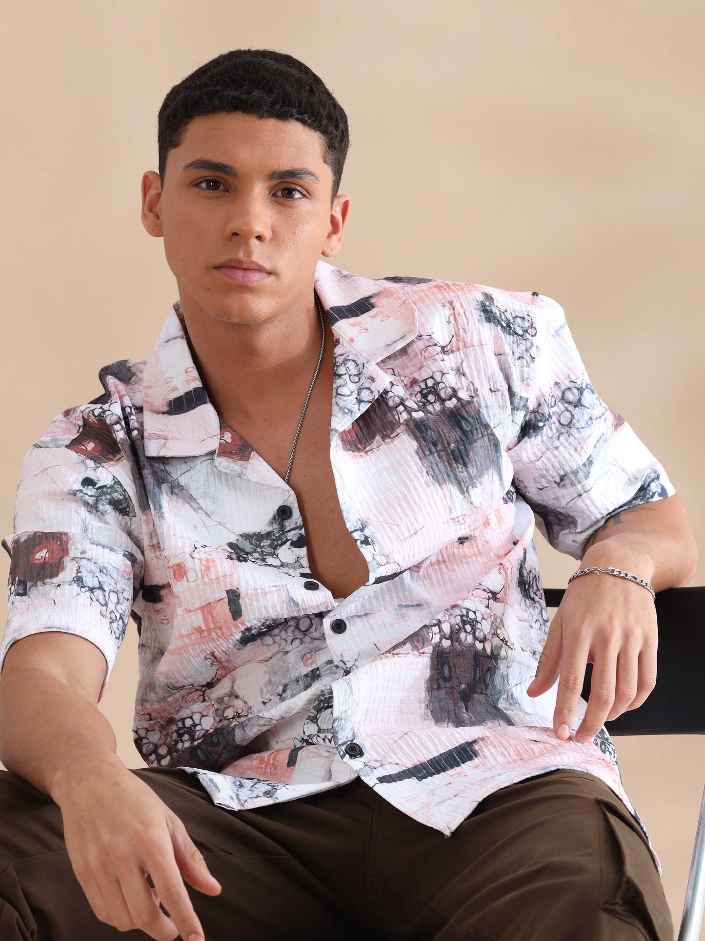 Bangkok Peach Digital Printed Cuban Collar Shirt