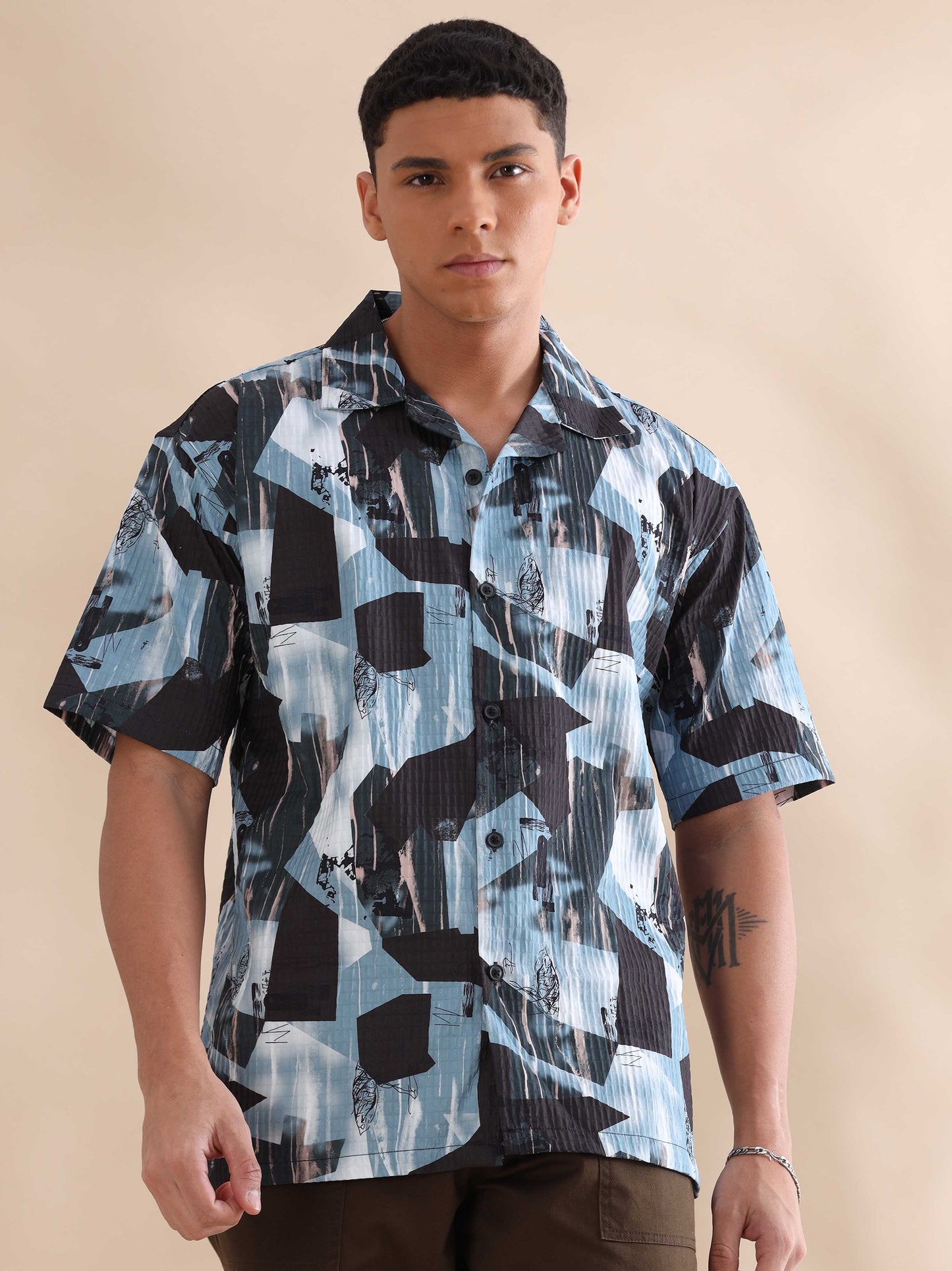 Bangkok Blue Digital Printed Cuban Collar Shirt