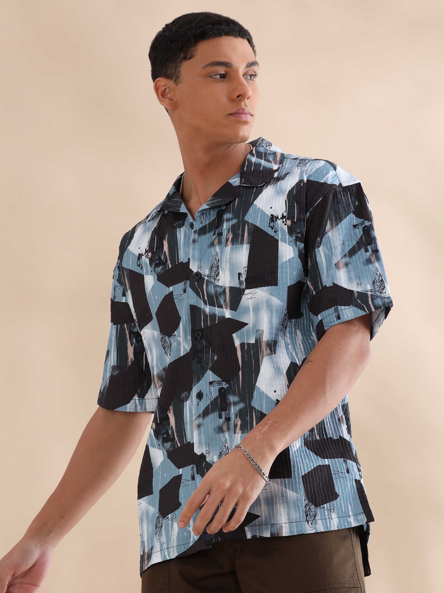 Bangkok Blue Digital Printed Cuban Collar Shirt