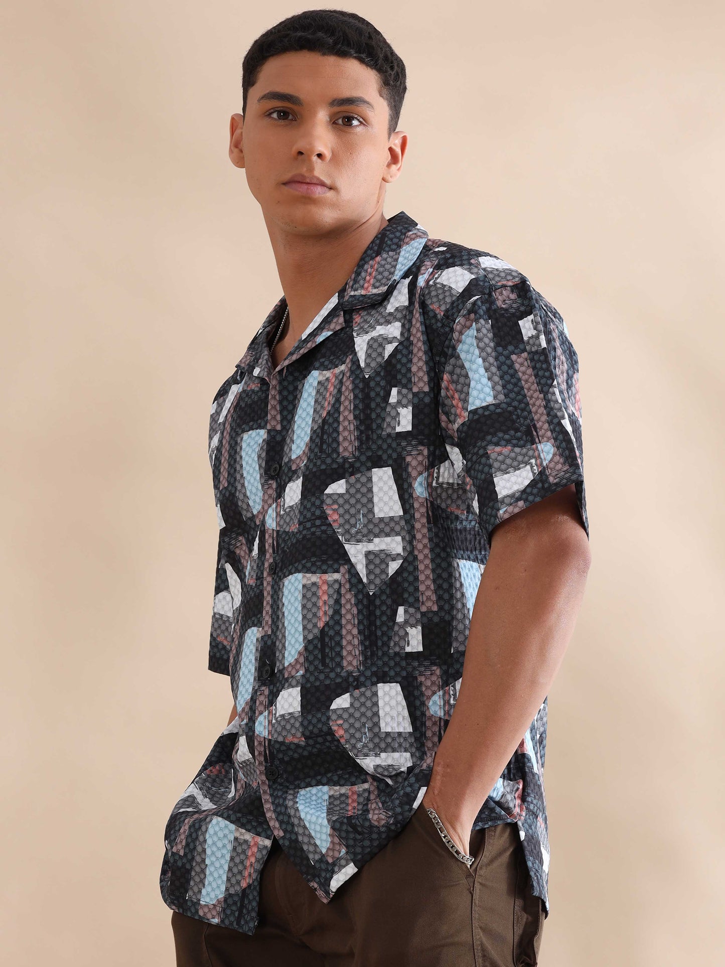 Bangkok Triangle Digital Printed Cuban Collar Shirt