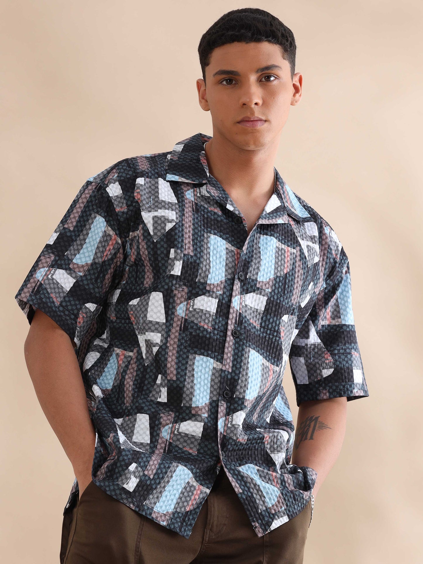 Bangkok Triangle Digital Printed Cuban Collar Shirt