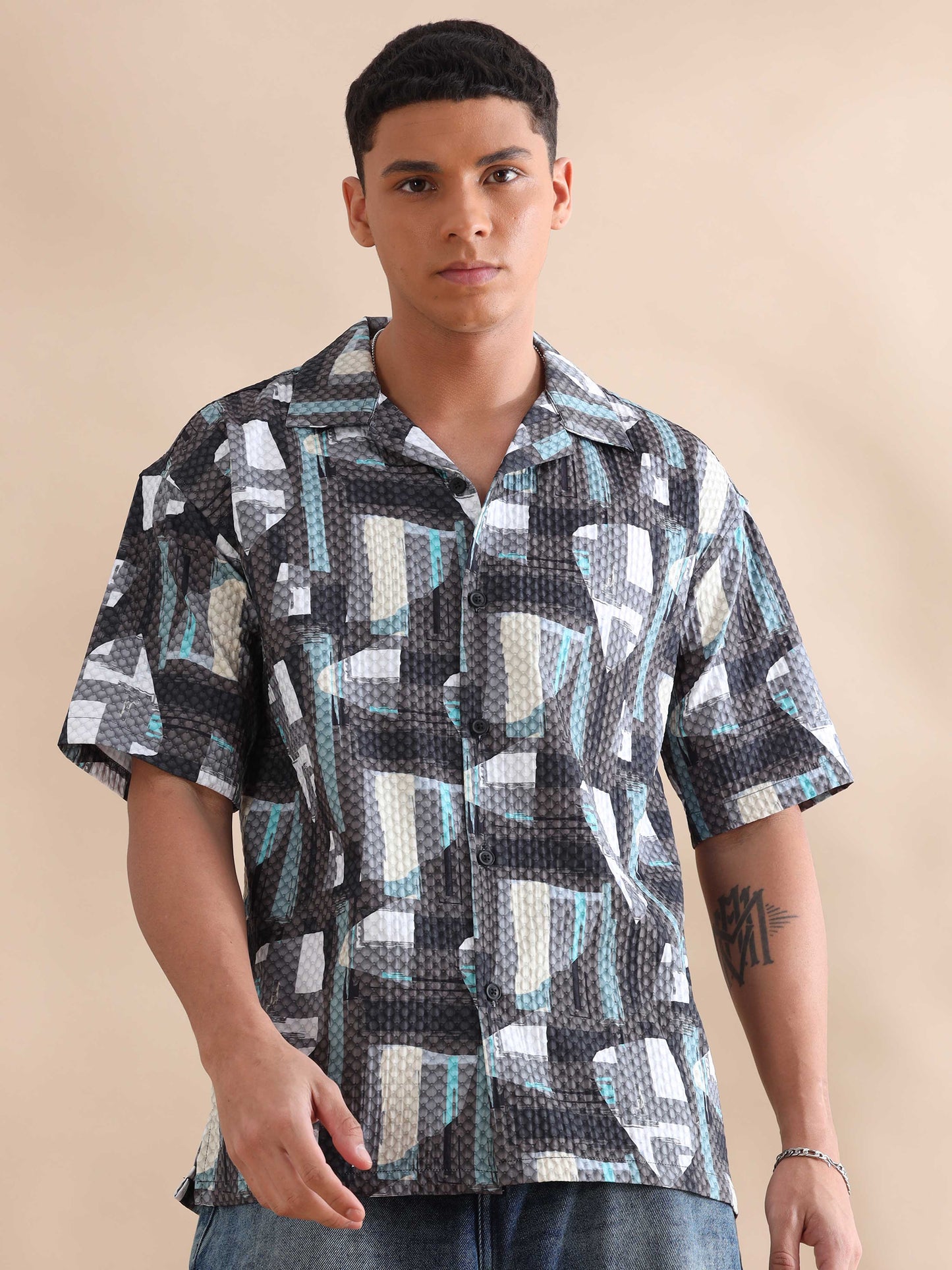 Bangkok Grey Triangle Print Cuban Collar Shirt