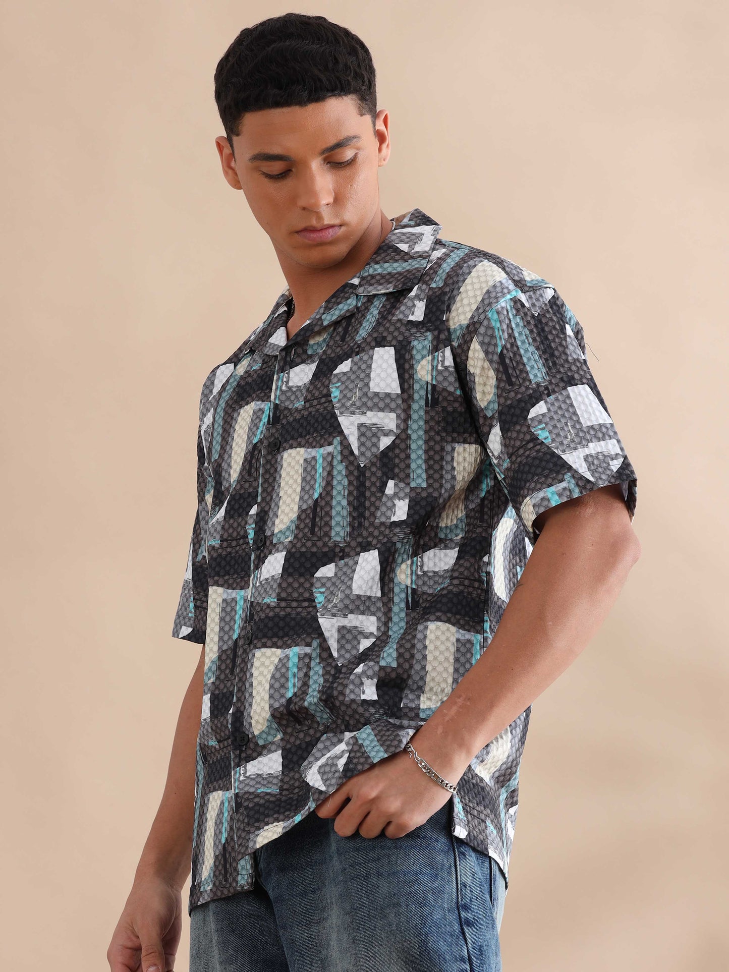 Bangkok Grey Triangle Print Cuban Collar Shirt