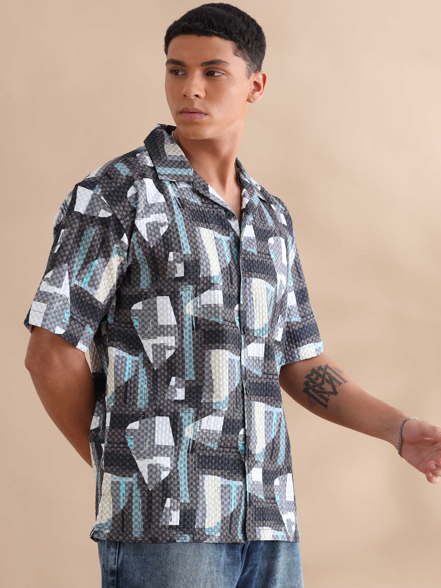 Bangkok Grey Triangle Print Cuban Collar Shirt