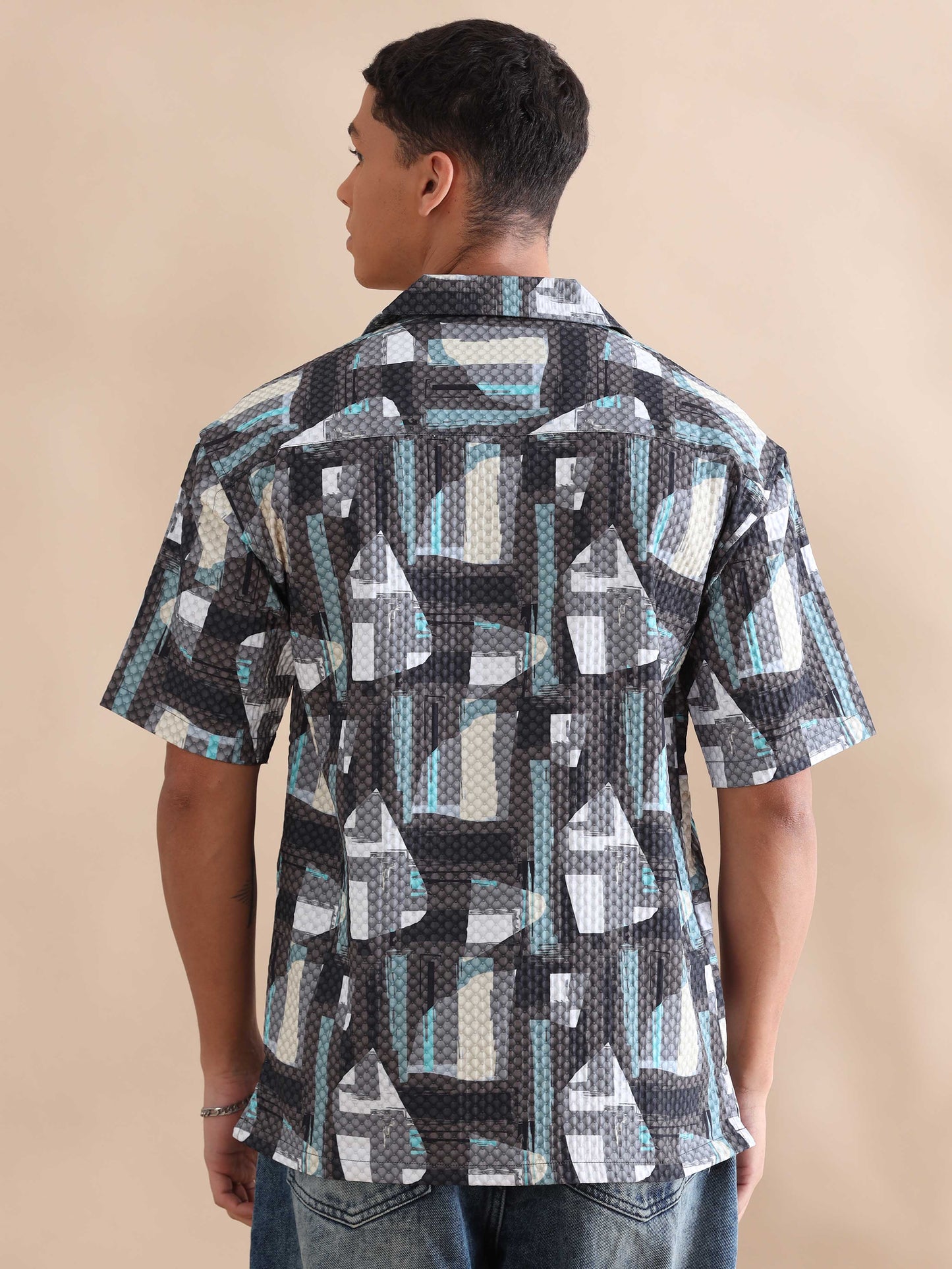 Bangkok Grey Triangle Print Cuban Collar Shirt