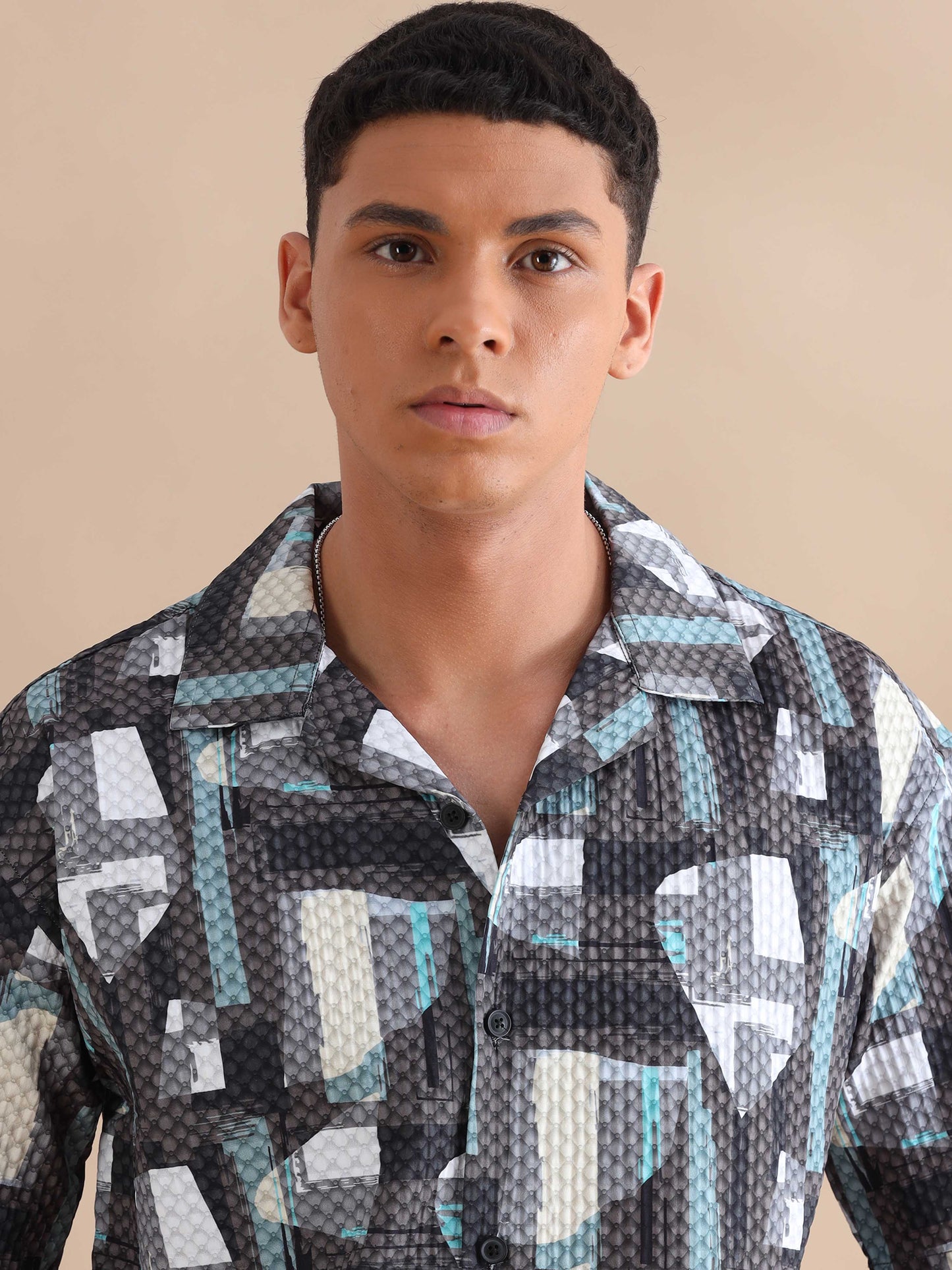 Bangkok Grey Triangle Print Cuban Collar Shirt