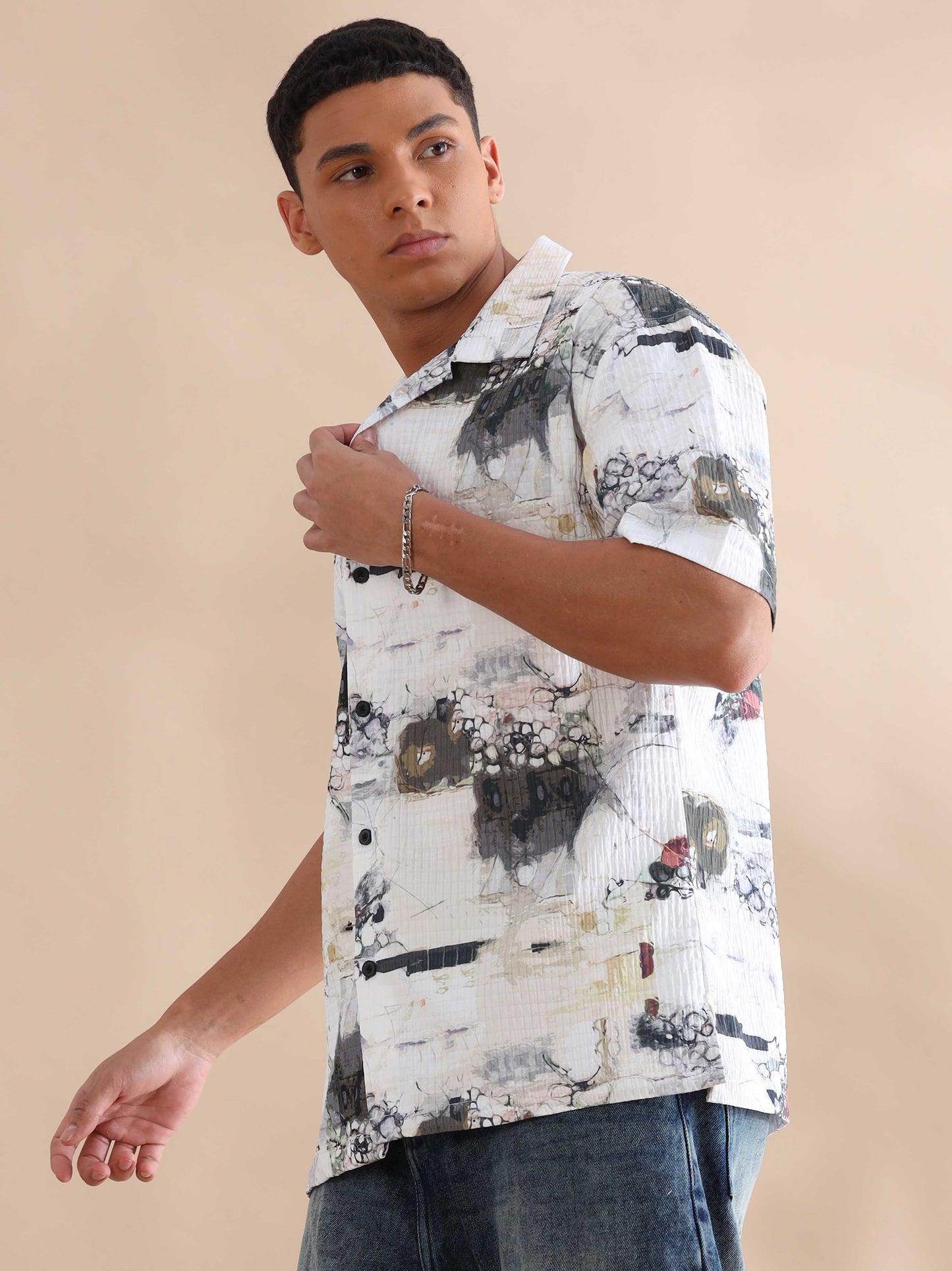 Bangkok Grey Digital Printed Cuban Collar Shirt