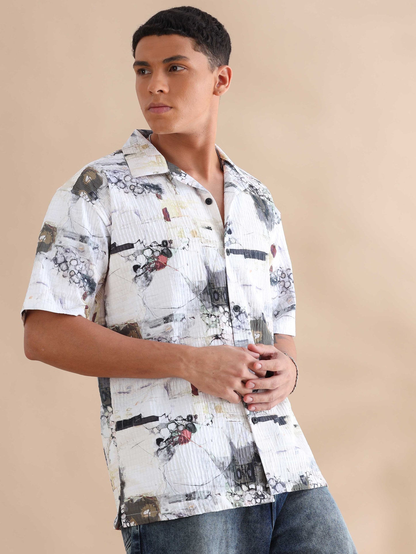 Bangkok Grey Digital Printed Cuban Collar Shirt